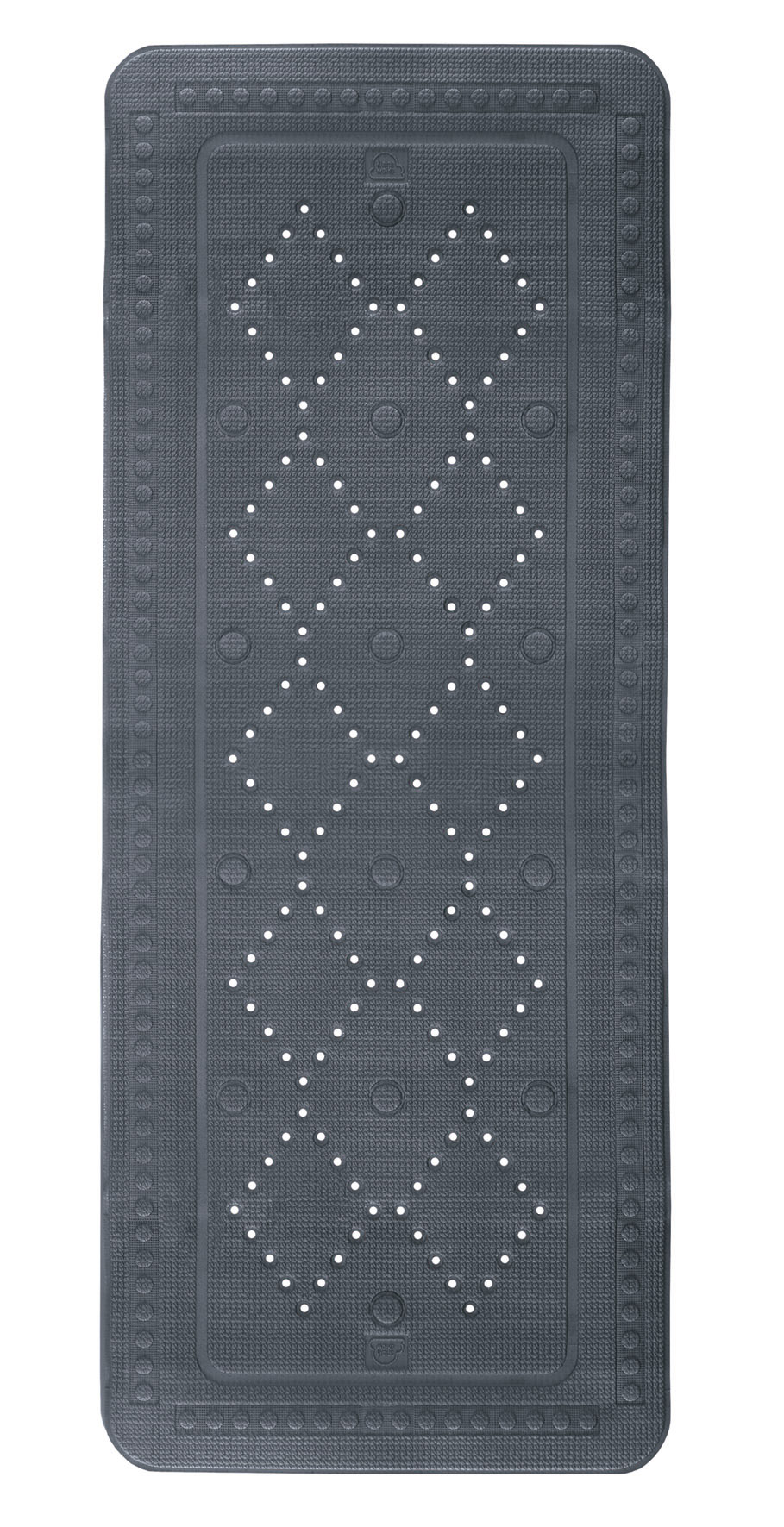 Graue rutschfeste Badematte mit geometrischem Muster und Saugnäpfen für sicheren Halt in der Dusche oder Badewanne.
