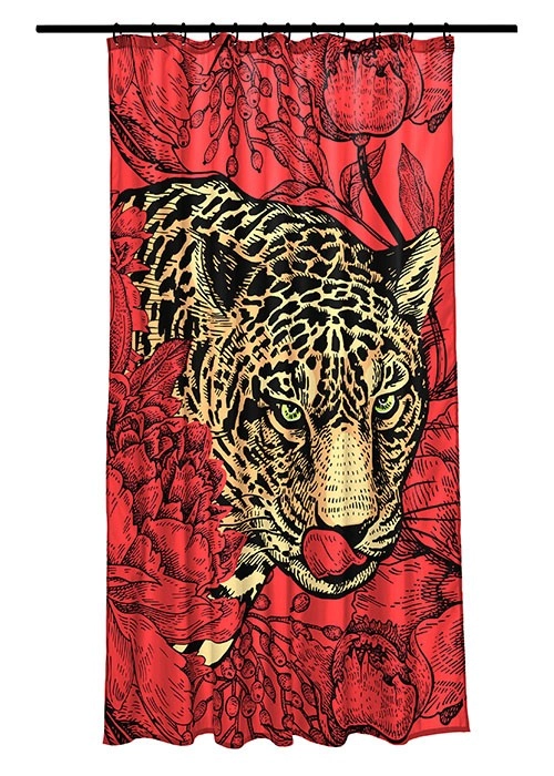 4004478316577 Duschvorhang mit auffälligem Leoparden-Design in Rot und Schwarz, umgeben von floralen Mustern. Ideal für ein stilvolles Badezimmer.