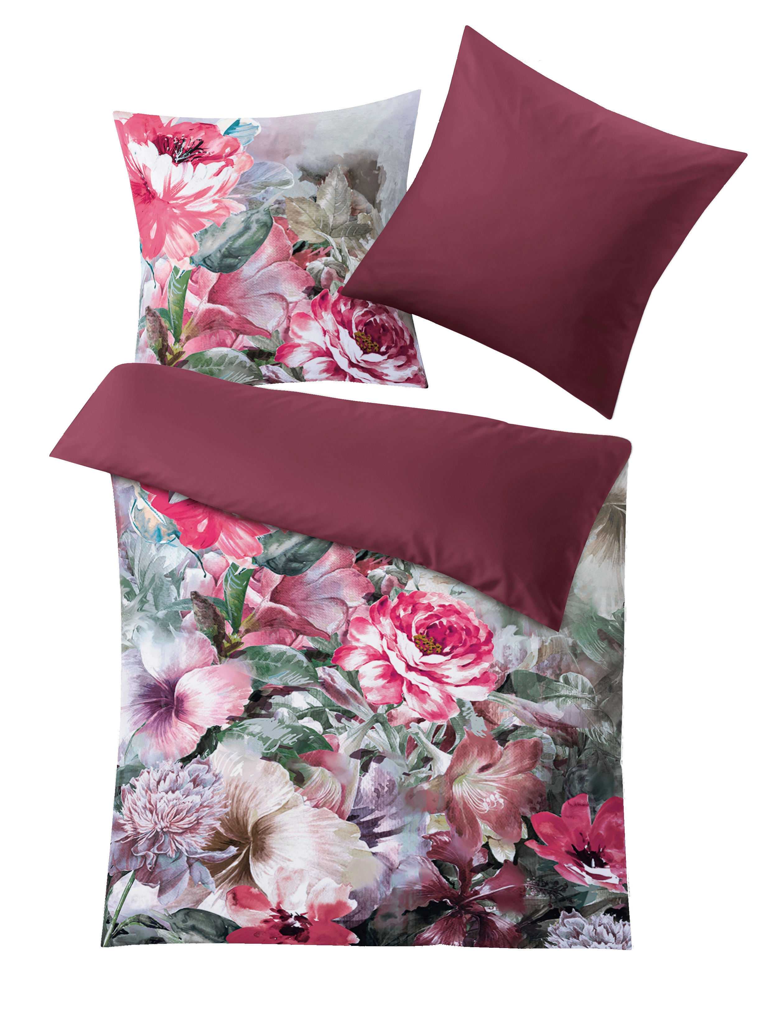 Bettwäsche-Set mit floralem Design in Rosa- und Grüntönen, kombiniert mit einfarbigen Kissenbezügen in Bordeaux.
