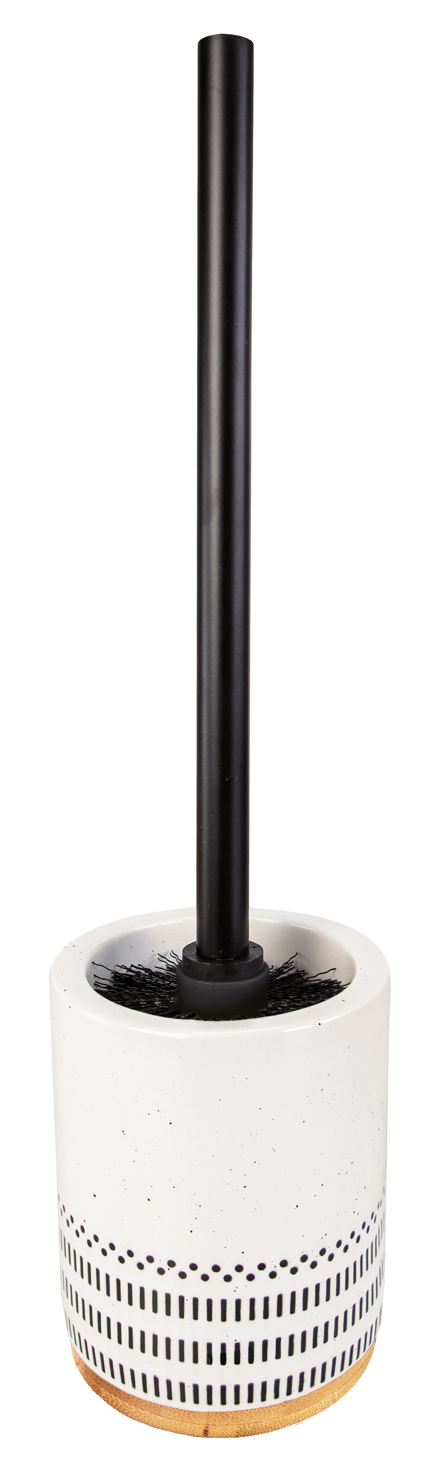 WC-Bürsten-Halter ALVA Schwarz-Weiß Toilettenbürste mit modernem Design, weißem Keramikbehälter und schwarzem Griff, verziert mit dezenten schwarzen Punkten.