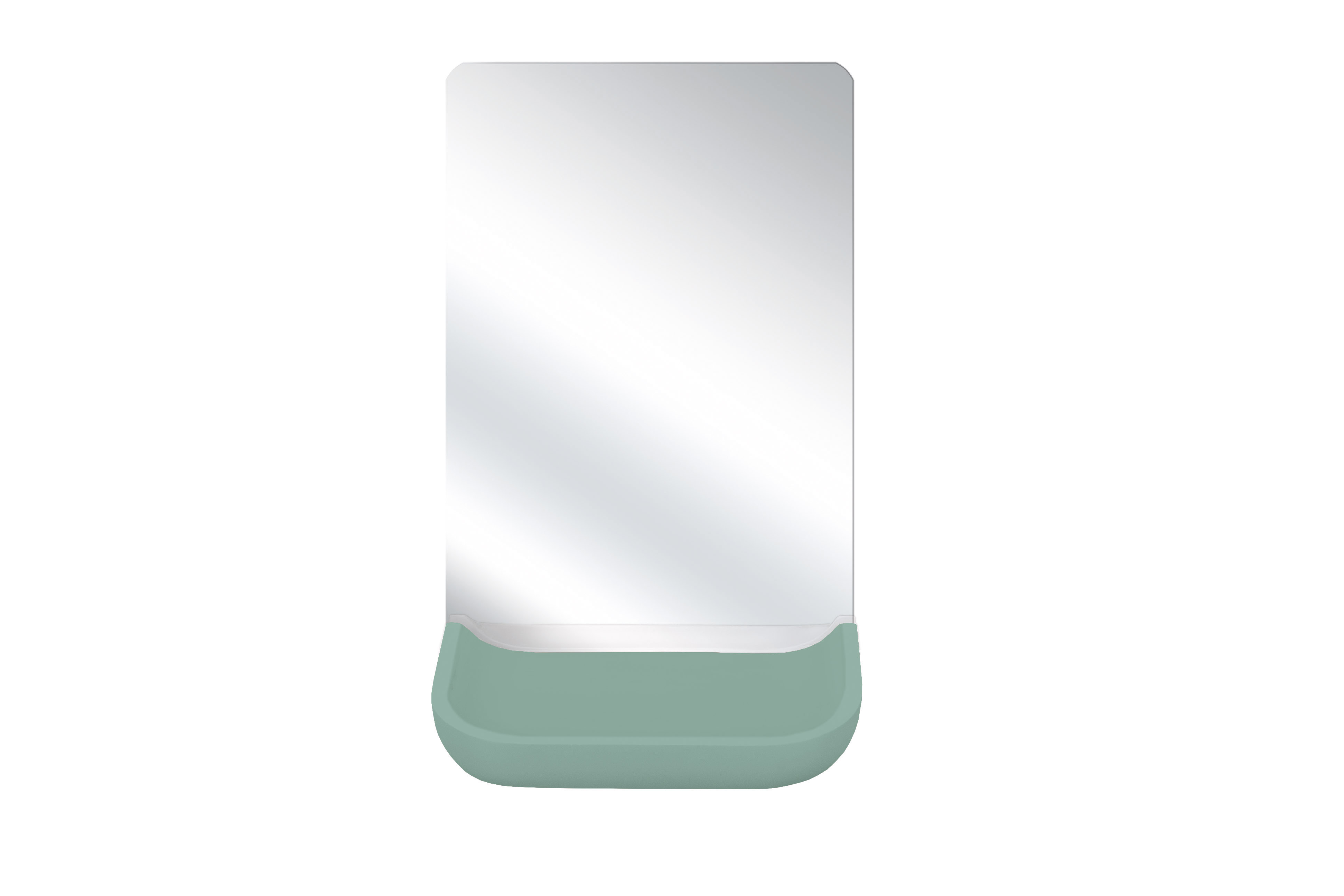 Moderner Wandspiegel mit rechteckigem Spiegelglas und mintgrüner Ablagefläche, ideal für Badezimmer oder Flur.