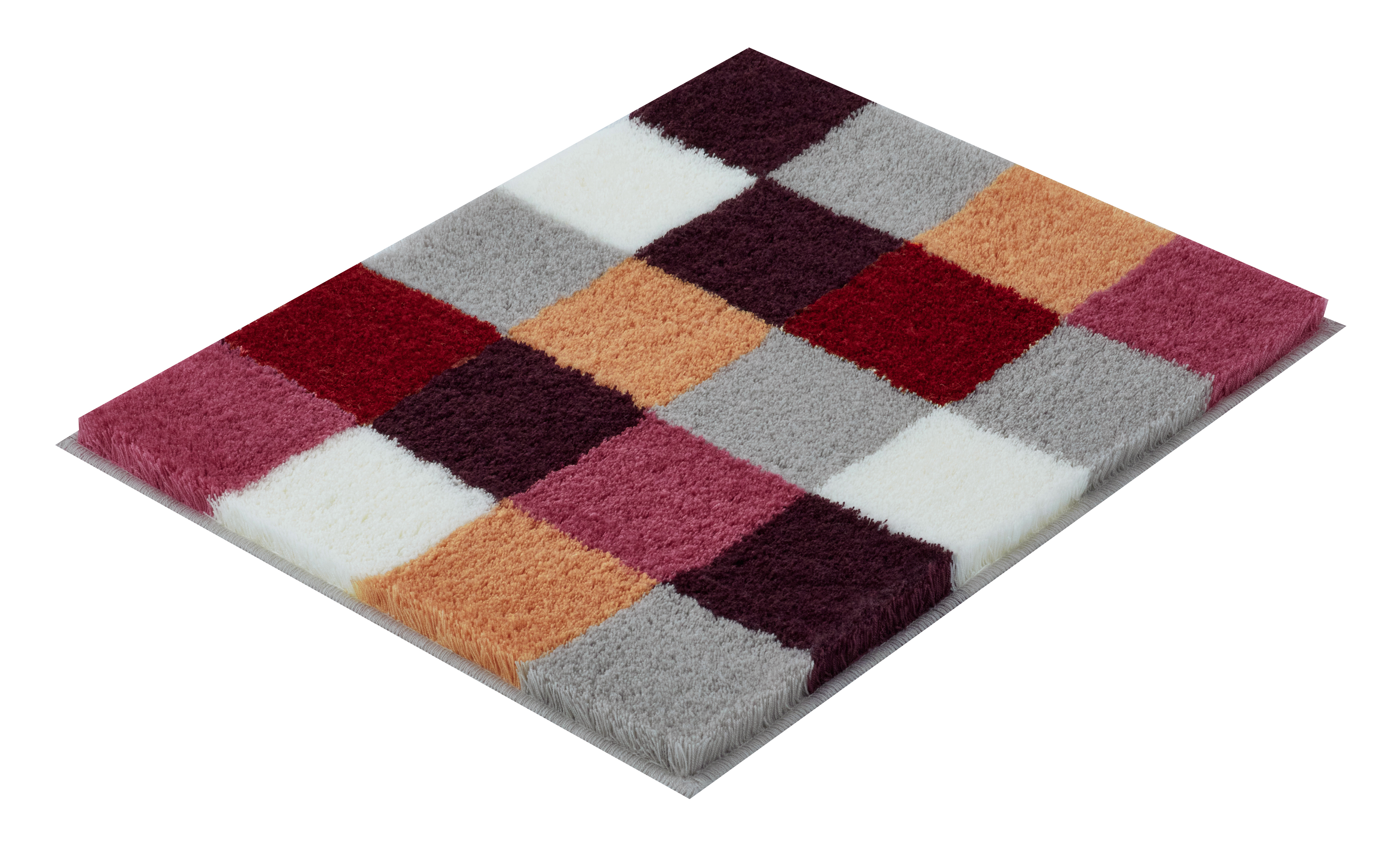 Bunte Badematte mit Karomuster in Rot-, Grau- und Weißtönen, weiche Textur, ideal für Badezimmer.