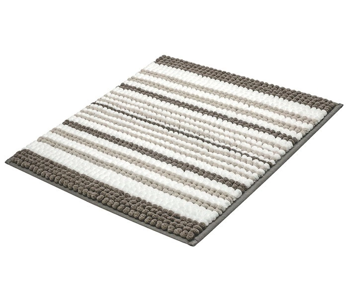 Badematte mit Streifenmuster in Grau- und Beigetönen, weiche Chenille-Oberfläche, rutschfeste Rückseite.
