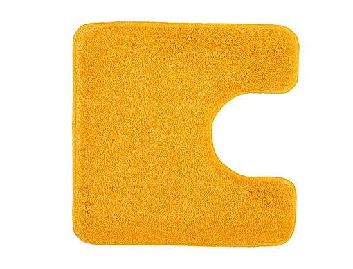 Gelber WC-Vorleger mit weicher, flauschiger Oberfläche und Ausschnitt für die Toilettenbasis.