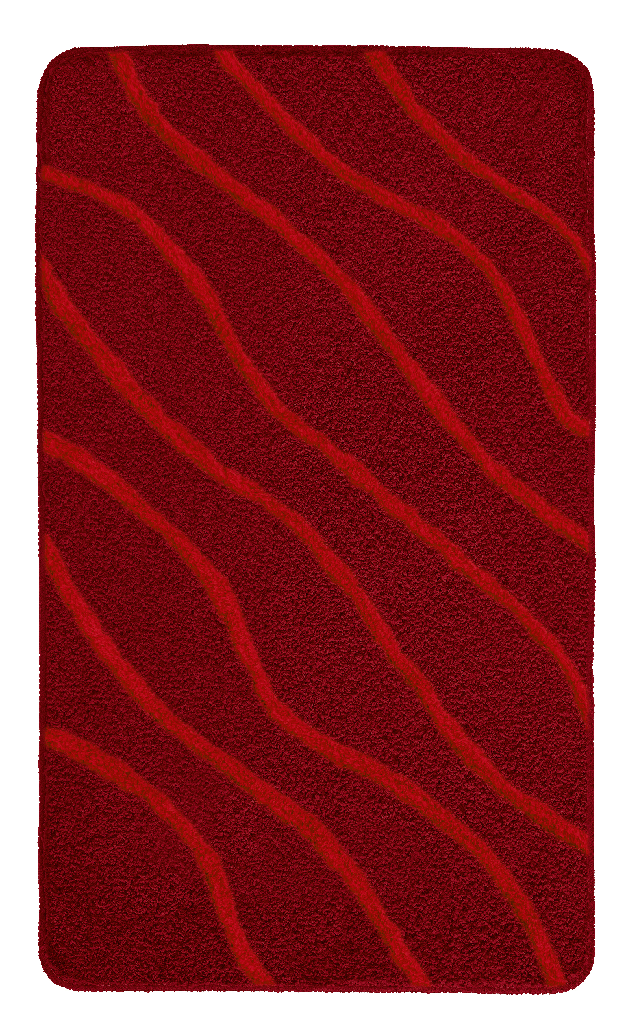 Roter Badteppich mit wellenförmigem Muster, weiche Textur, rutschfeste Unterseite, ideal für Badezimmer und Wellnessbereiche.