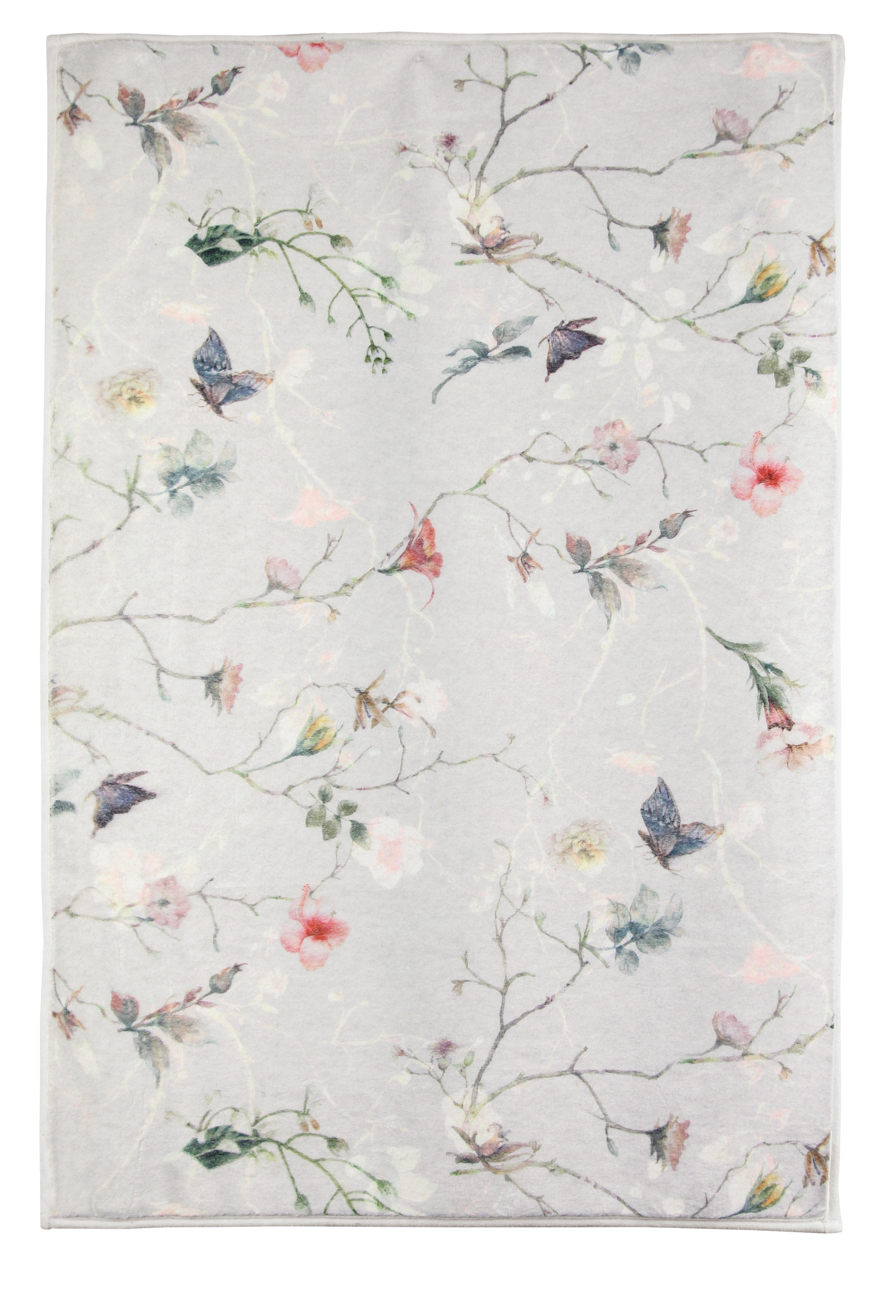 Badteppich FLORES Multicolor 60 x 90 cm Teppich mit zartem Blumen- und Schmetterlingsmuster auf hellem Hintergrund. Ideal für eine romantische Wohnatmosphäre.