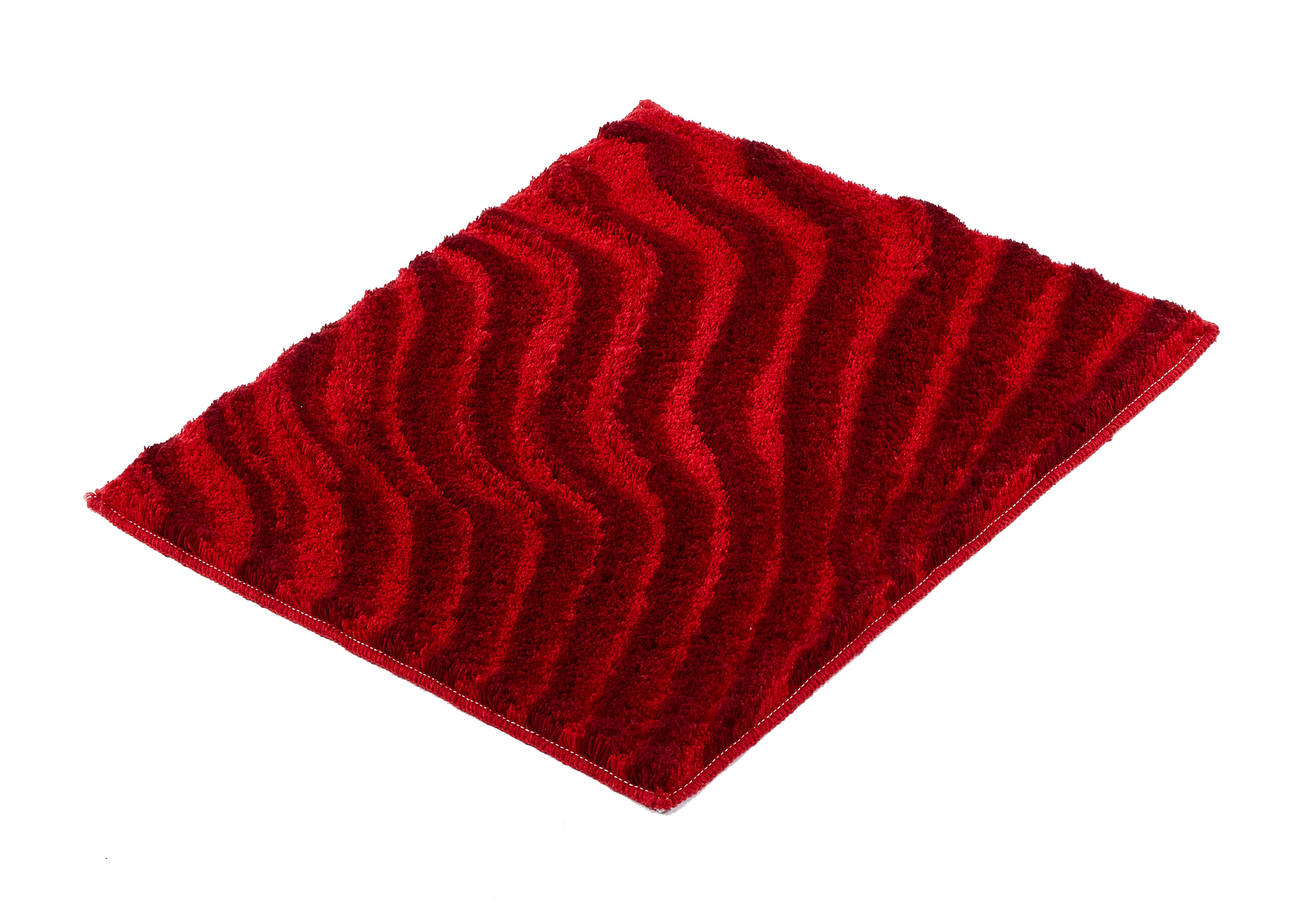 Roter Badteppich mit wellenförmigem Muster, weiche Textur, rutschfeste Unterseite, ideal für Badezimmer und Wellnessbereiche.