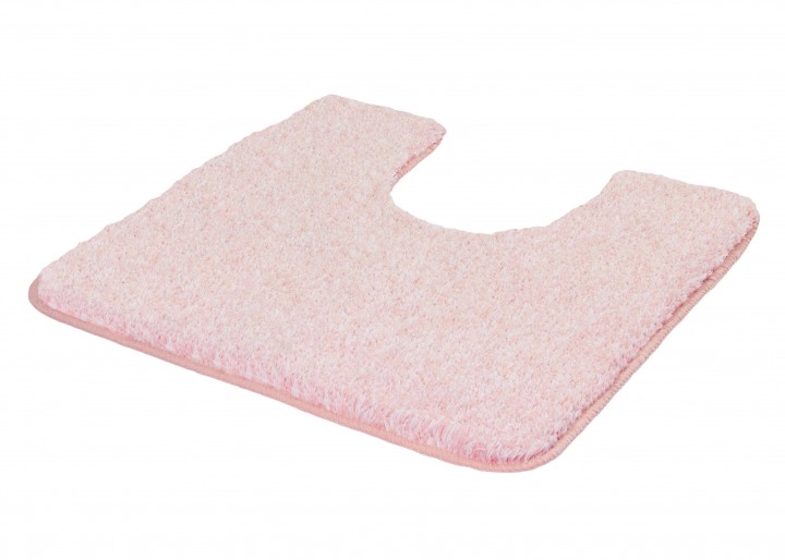Weiche, rosafarbene Badematte mit Ausschnitt für Toiletten. Flauschiges Material für Komfort und rutschfeste Unterseite für Sicherheit.