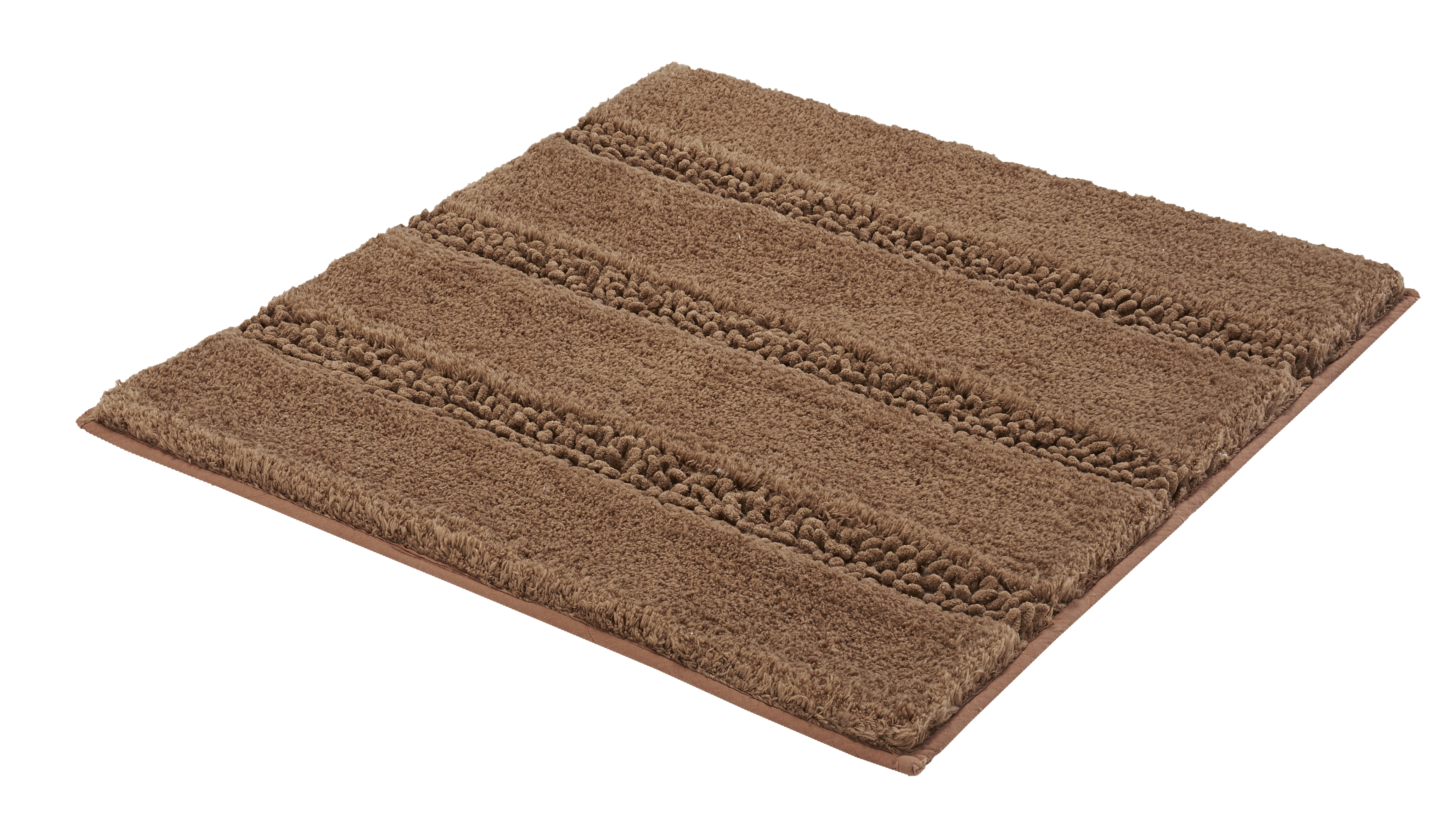 Braune Badematte mit weicher, strukturierter Oberfläche und rutschfester Unterseite, ideal für Badezimmer.