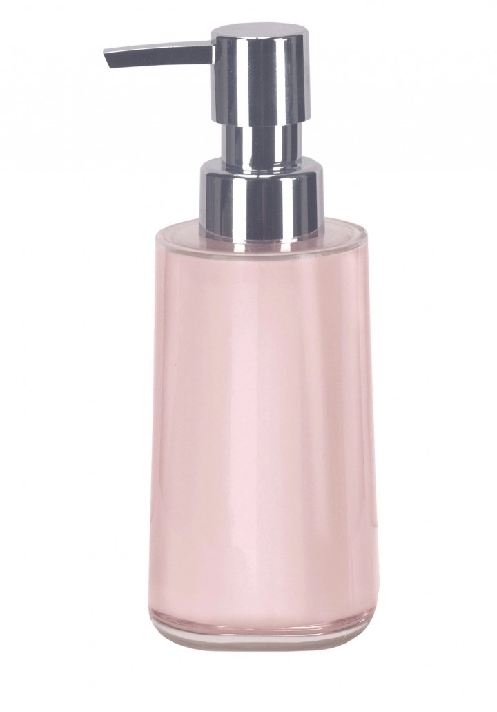 Eleganter Seifenspender in zartem Rosa mit glänzendem Chrom-Pumpkopf, ideal für moderne Badezimmer.