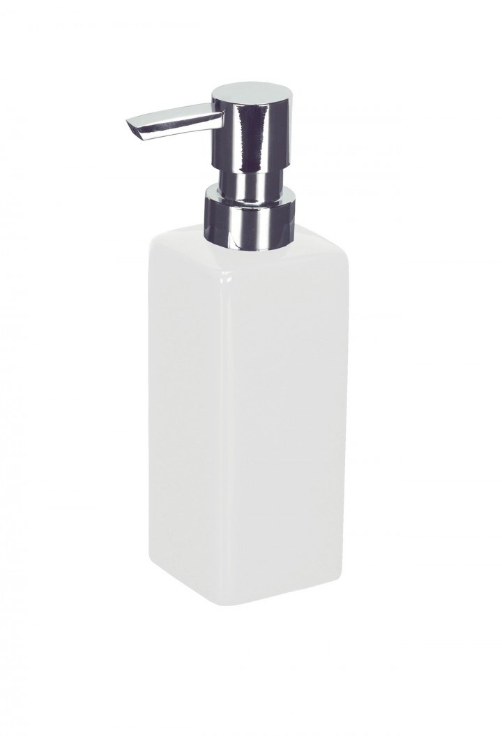 4004478158221 Weißer Seifenspender mit glänzendem Chrom-Pumpkopf, minimalistisches Design, ideal für moderne Badezimmer.