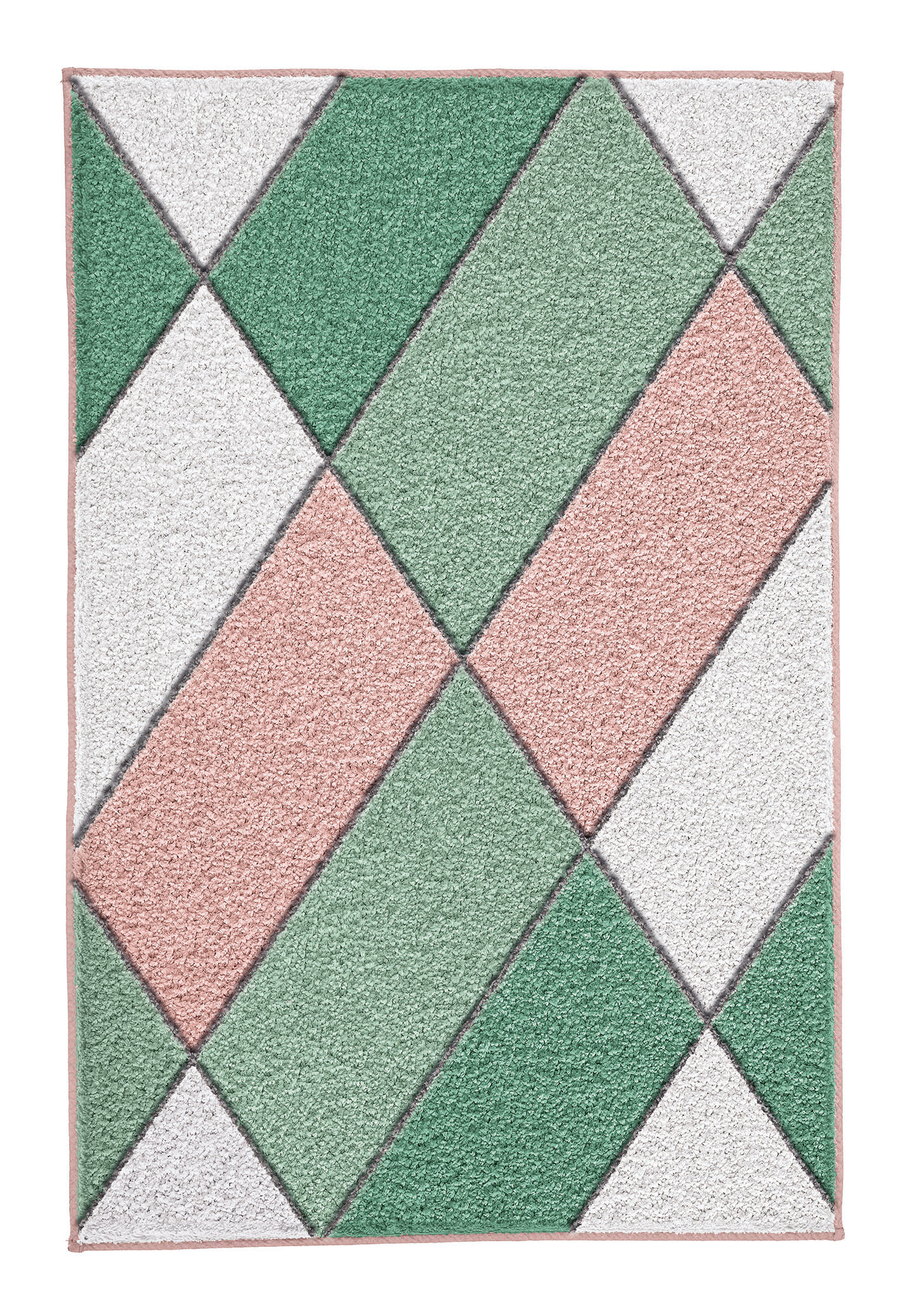 Badematte mit geometrischem Muster in Grün, Rosa und Weiß. Rechteckige Form, weiche Textur, modernes Design.