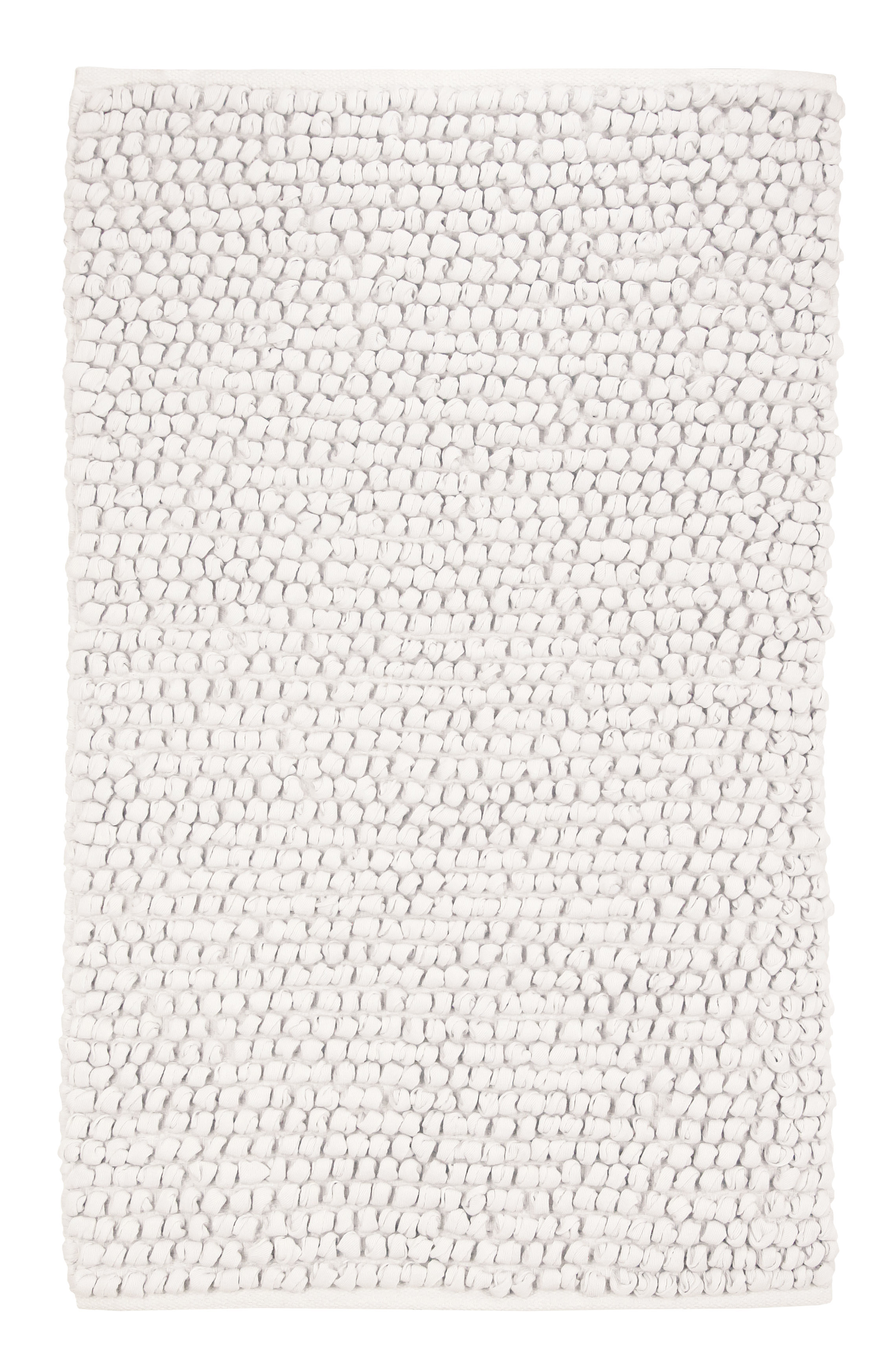 Badteppich BRAVA Polarweiß 60 x 100 cm Weißer, rechteckiger Badteppich mit weicher, strukturierter Oberfläche aus kleinen, runden Stoffstücken. Ideal für ein modernes Badezimmer.