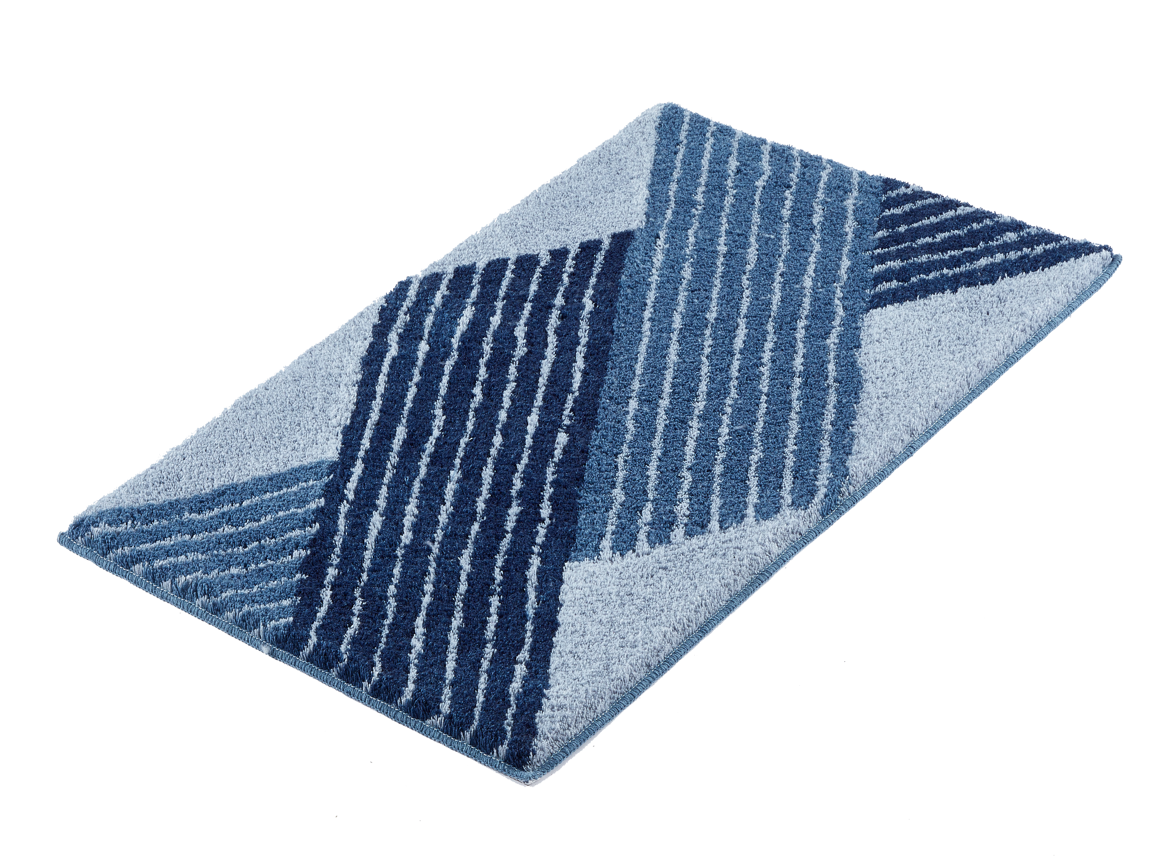 Moderner Badteppich in Blautönen mit geometrischem Muster, weiche Textur, rutschfeste Unterseite, ideal für jedes Badezimmer.