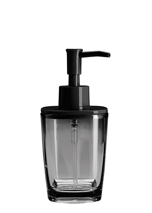 4004478302129 Eleganter Seifenspender aus schwarzem Glas mit Pumpmechanismus. Modernes Design, ideal für Badezimmer und Küchen.