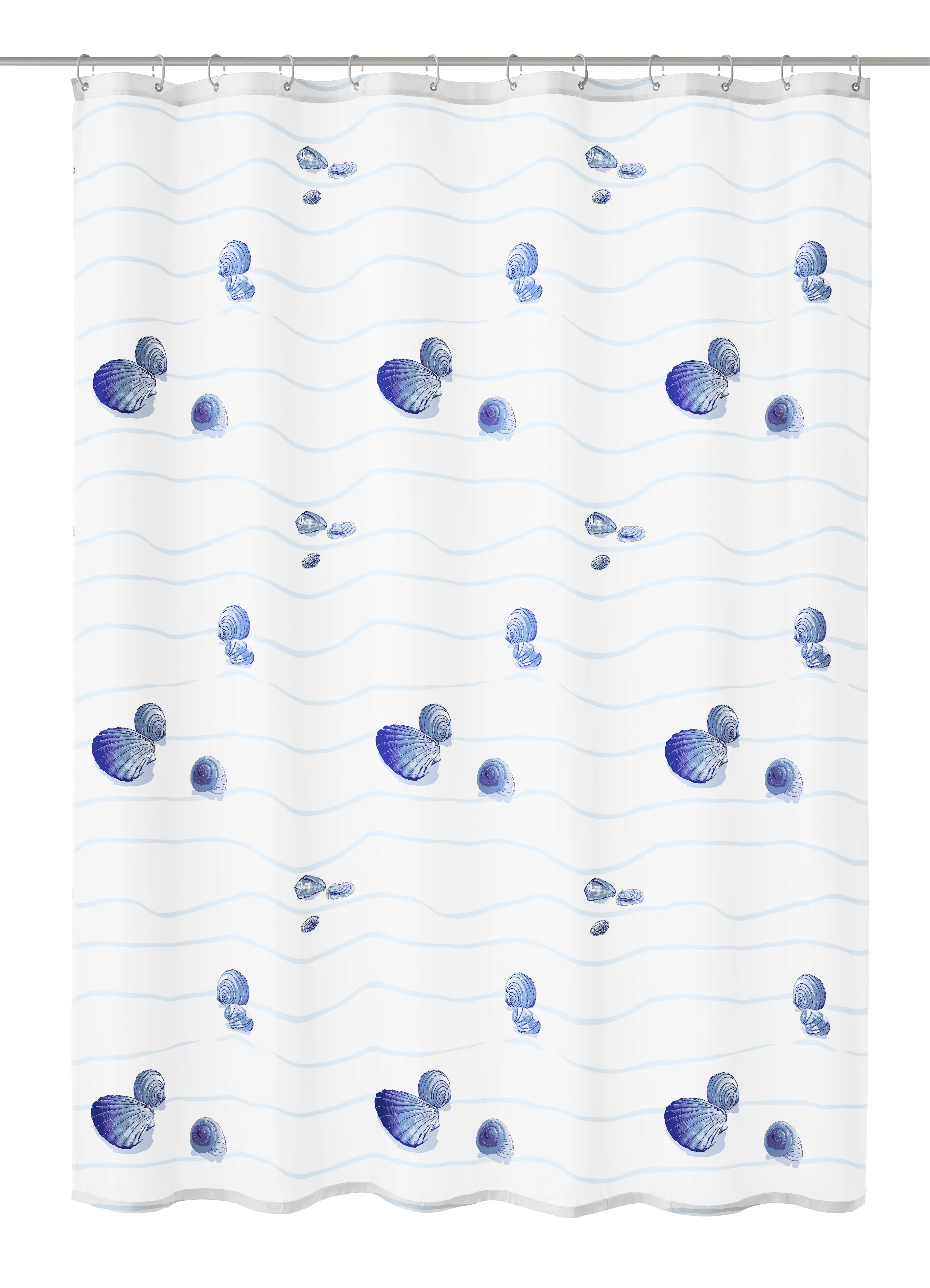 Duschvorhang mit maritimem Muschel-Design in Blau und Weiß, ideal für ein frisches und stilvolles Badezimmer.