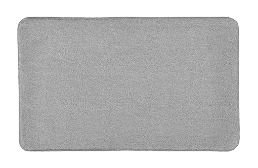 Graue Badematte mit weicher, flauschiger Oberfläche und abgerundeten Ecken. Ideal für Badezimmer und Wellnessbereiche.