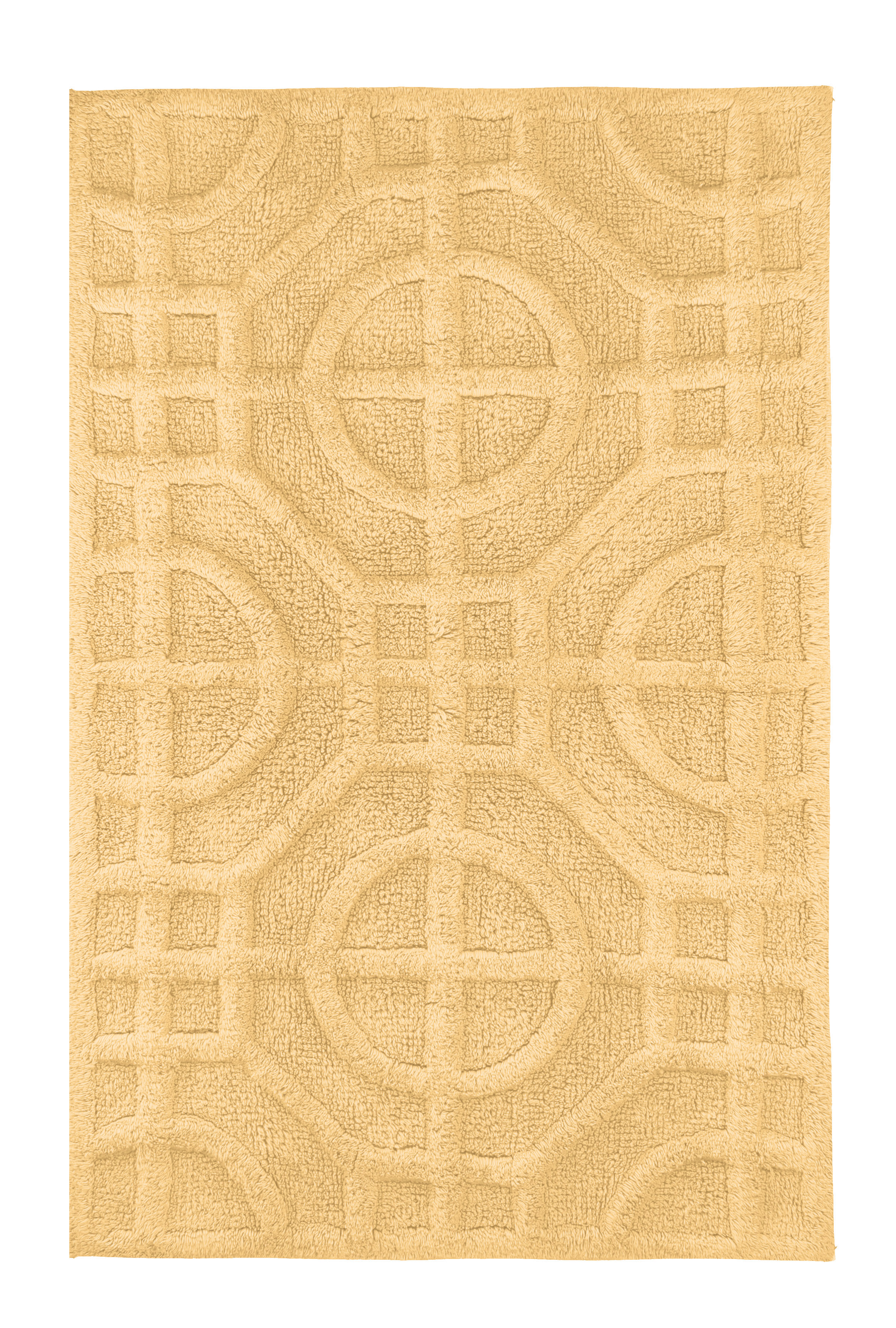 Gelber Badteppich mit geometrischem Muster, weiche Textur, rutschfeste Unterseite, ideal für Badezimmer und Wellnessbereiche.
