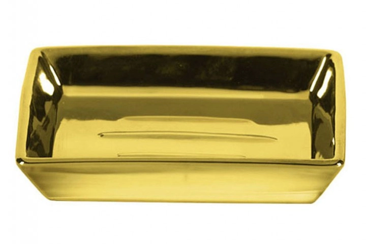 Goldene rechteckige Seifenschale mit glänzender Oberfläche, ideal für ein luxuriöses Badezimmerambiente.