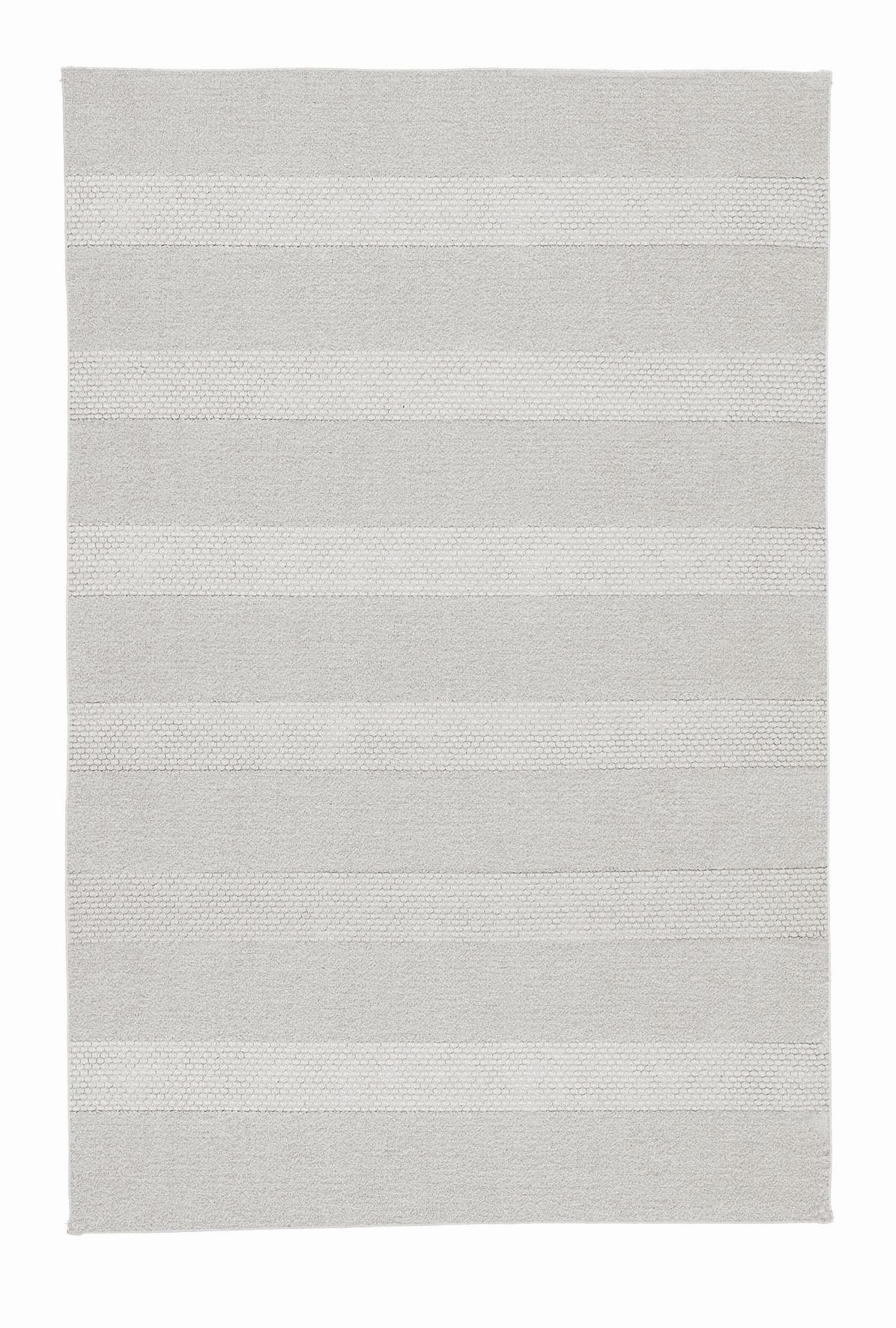 Moderner, rechteckiger Teppich in hellem Grau mit dezentem Streifenmuster. Ideal für Wohn- und Schlafzimmer.