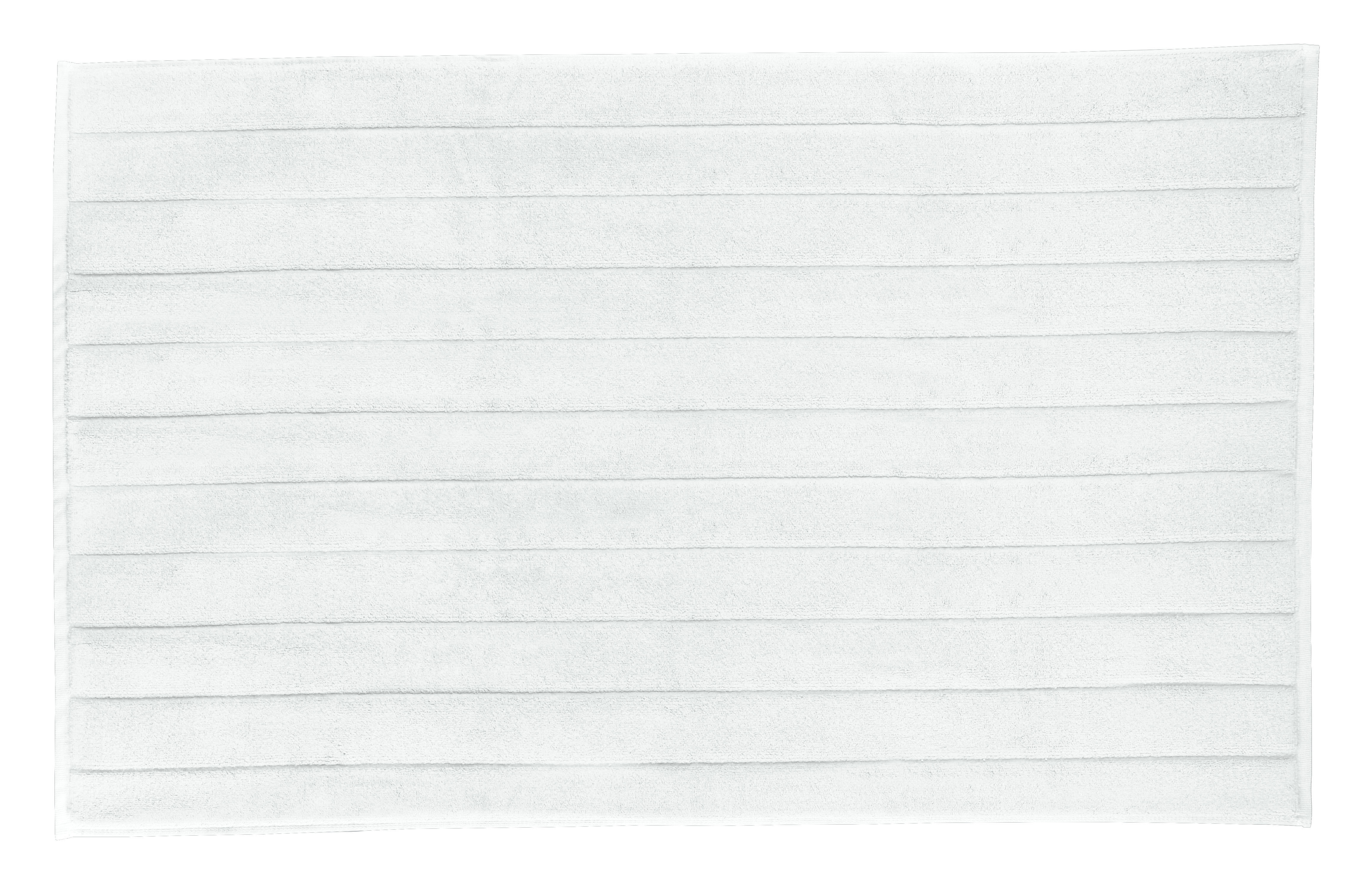 Weißer, rechteckiger Badteppich mit horizontalen Streifen. Weiche, flauschige Textur für ein komfortables Badeerlebnis.