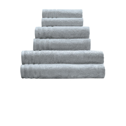 Set aus sechs grauen Handtüchern in verschiedenen Größen, weich und saugfähig, ideal für Badezimmer und Gäste.