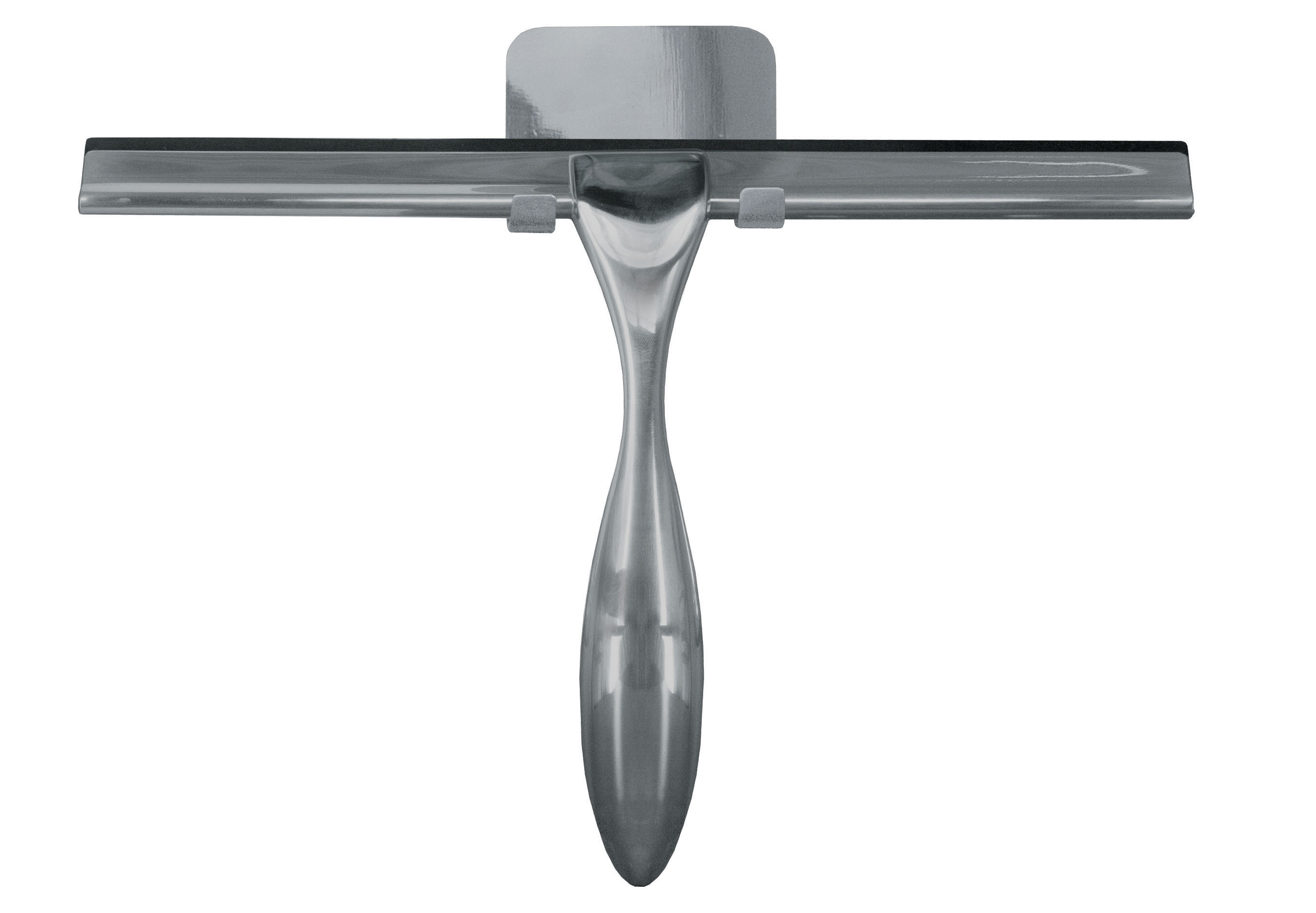 Duschabzieher aus Edelstahl mit ergonomischem Griff und Wandhalterung, ideal für streifenfreies Reinigen von Glasflächen.