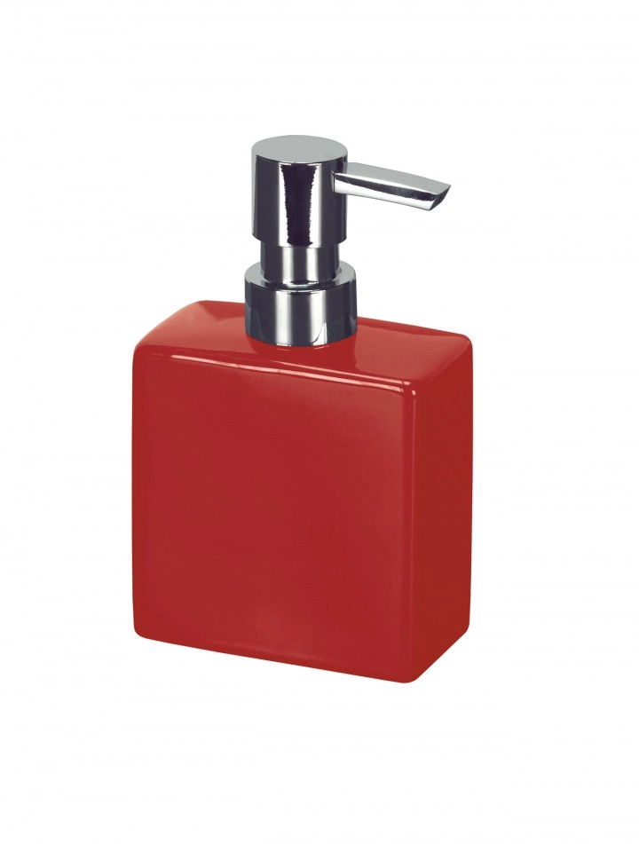 4004478188792 Roter Seifenspender mit glänzendem Chrom-Pumpkopf, modernes Design, ideal für Badezimmer oder Küche.