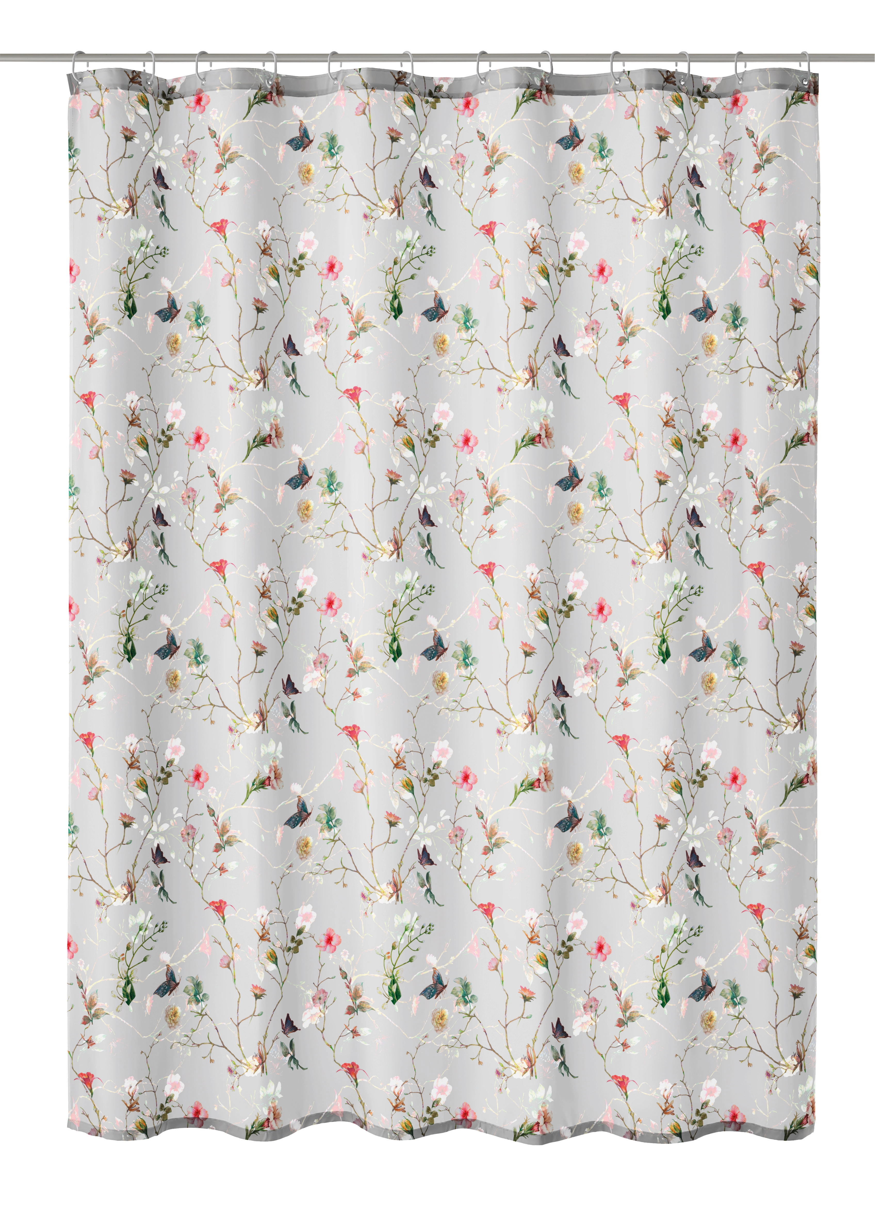 Duschvorhang Textil FLORES Multicolor 180 x 200 cm Duschvorhang mit zartem Blumen- und Vogelmuster auf hellem Hintergrund, ideal für eine frische und elegante Badezimmerdekoration.