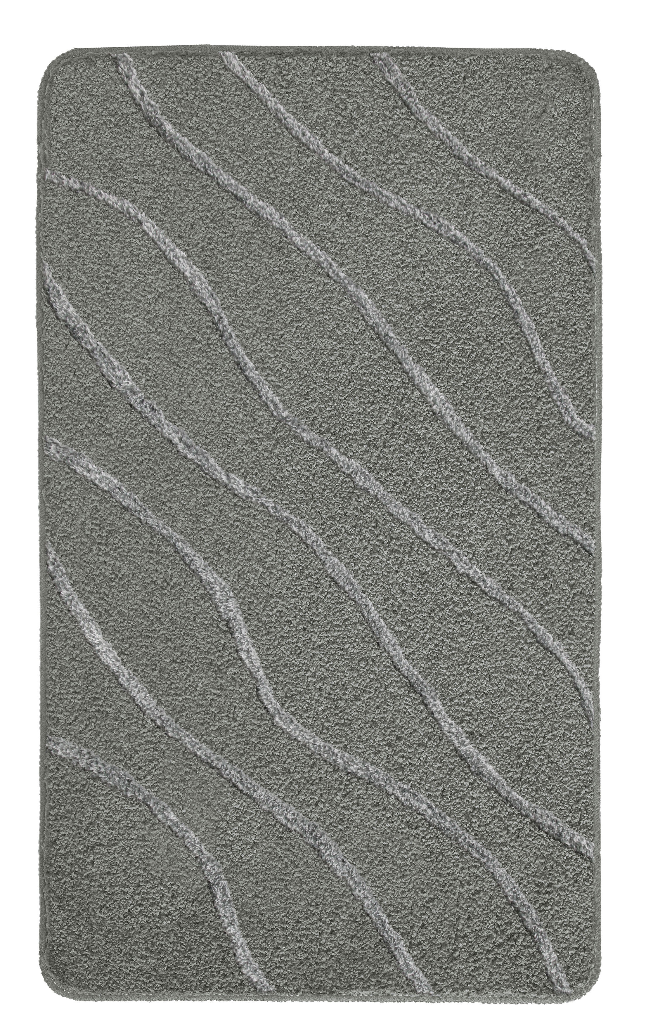 Grauer Badteppich mit wellenförmigem Muster, weiche Textur, rutschfeste Unterseite, ideal für Badezimmer.