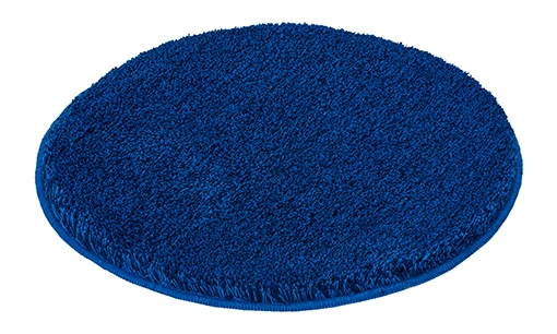 Runder, blauer Badezimmerteppich mit weicher, flauschiger Oberfläche. Ideal für ein gemütliches und stilvolles Badezimmer.