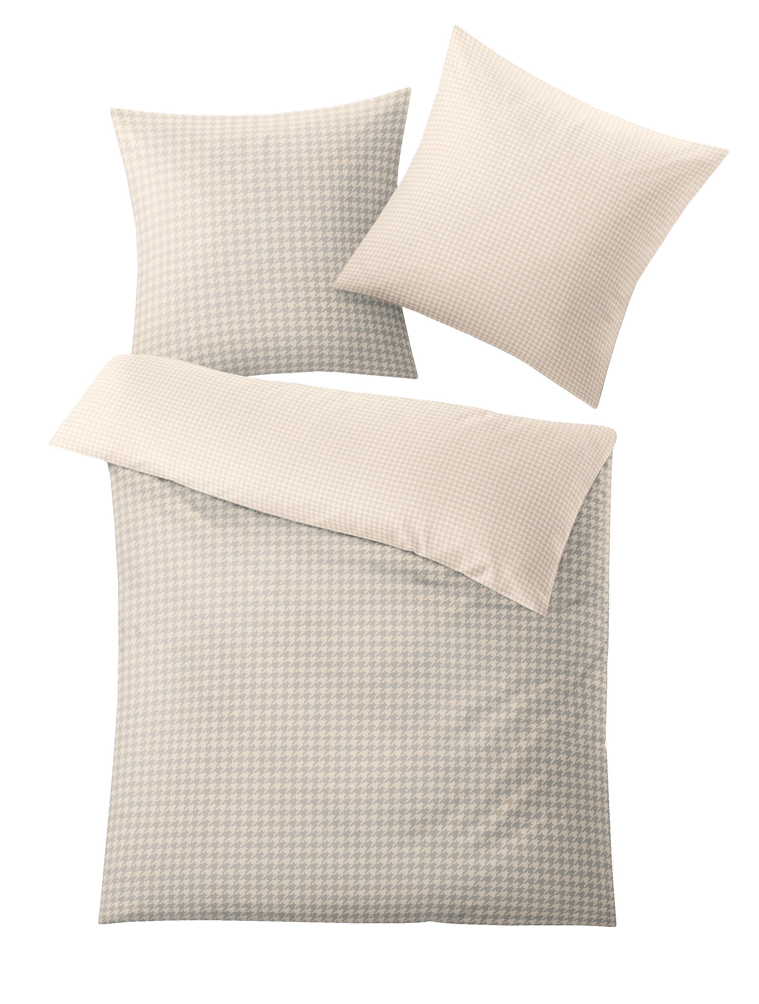 Bettwäsche-Set mit Hahnentritt-Muster in Beige und Grau, bestehend aus einem Bettbezug und zwei Kissenbezügen.