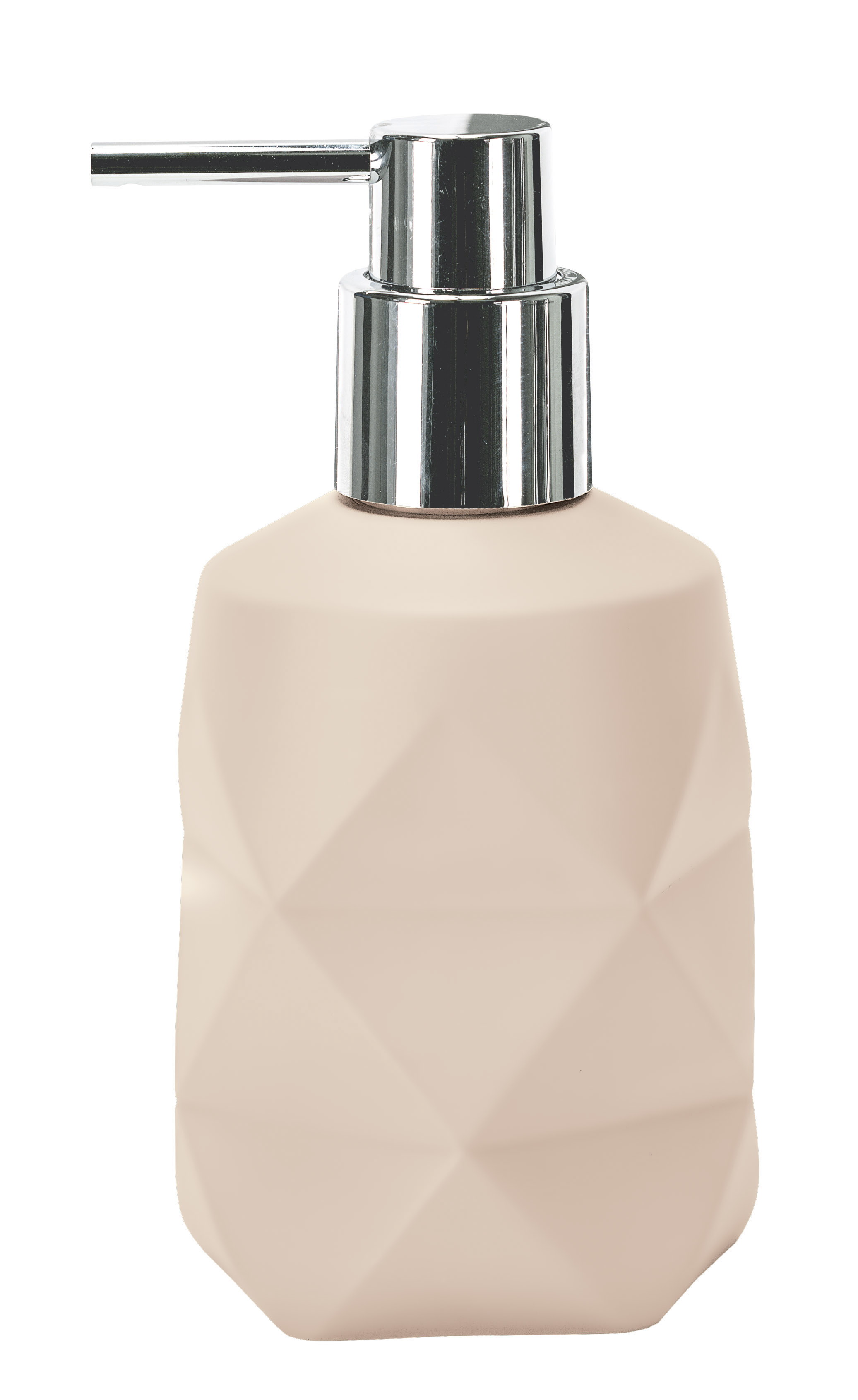 Seifenspender CRACKLE Sandbeige Beigefarbener Seifenspender mit geometrischem Design und glänzendem Chrom-Pumpkopf. Ideal für moderne Badezimmer.