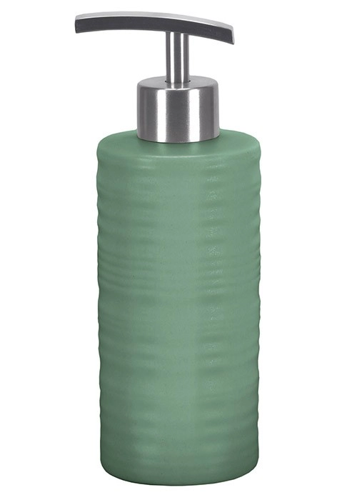 4004478305151 Grüner Seifenspender mit geriffelter Oberfläche und silbernem Pumpkopf, ideal für moderne Badezimmer.