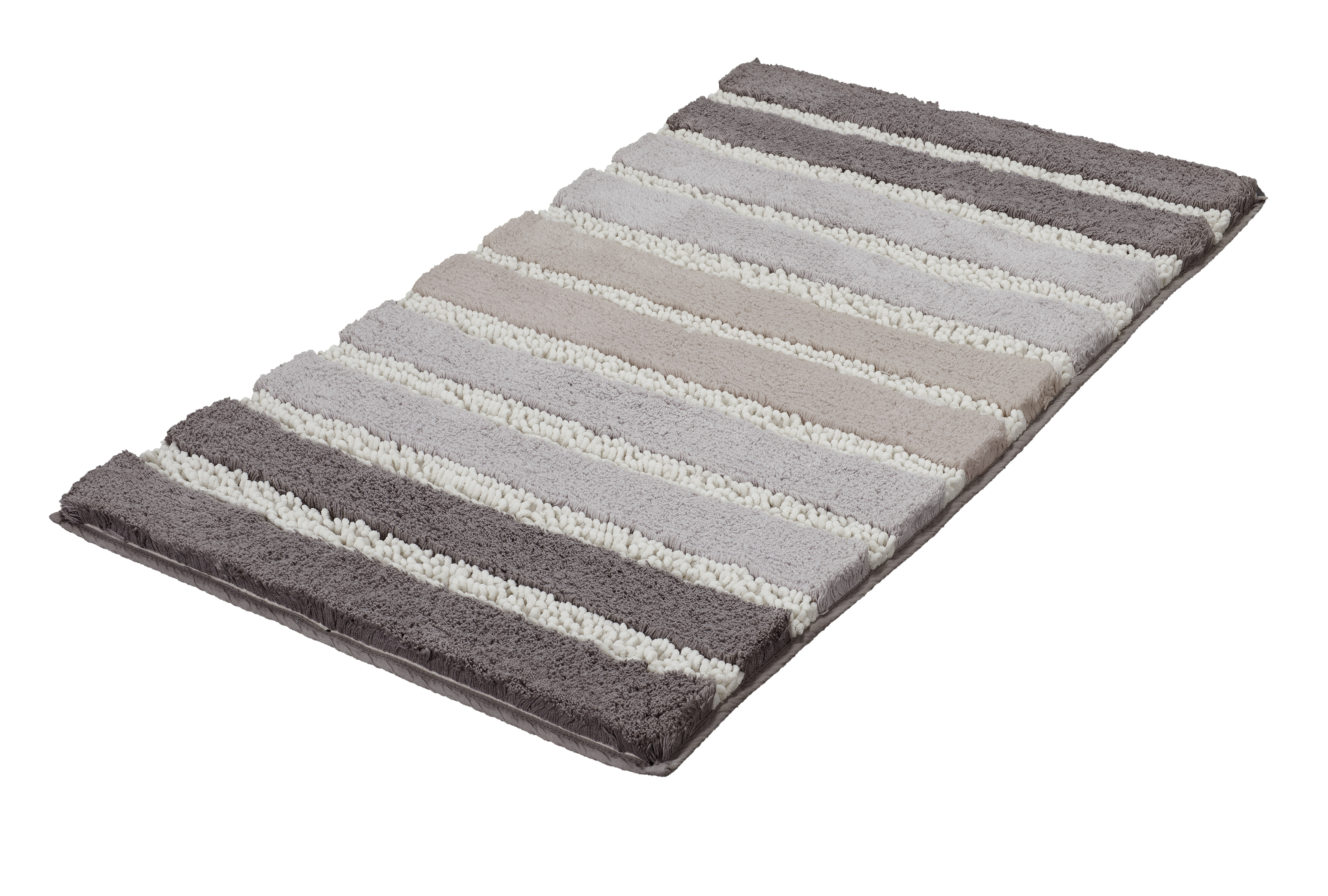 Gestreifter Badteppich in Grau- und Beigetönen, weiche Textur, rutschfeste Unterseite, ideal für Badezimmer.