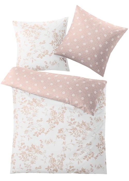 Bettwäsche-Set mit zartem Blumenmuster in Beige und Rosa. Wendekissenbezug mit Punkten und Blumen. Weich und stilvoll für Ihr Schlafzimmer.