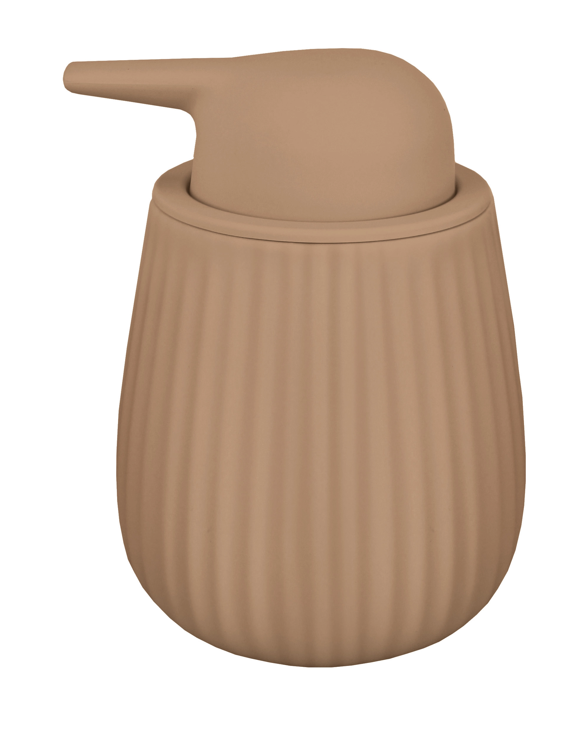 Seifenspender in Beige mit geriffelter Oberfläche und modernem Design. Ideal für stilvolle Badezimmer.