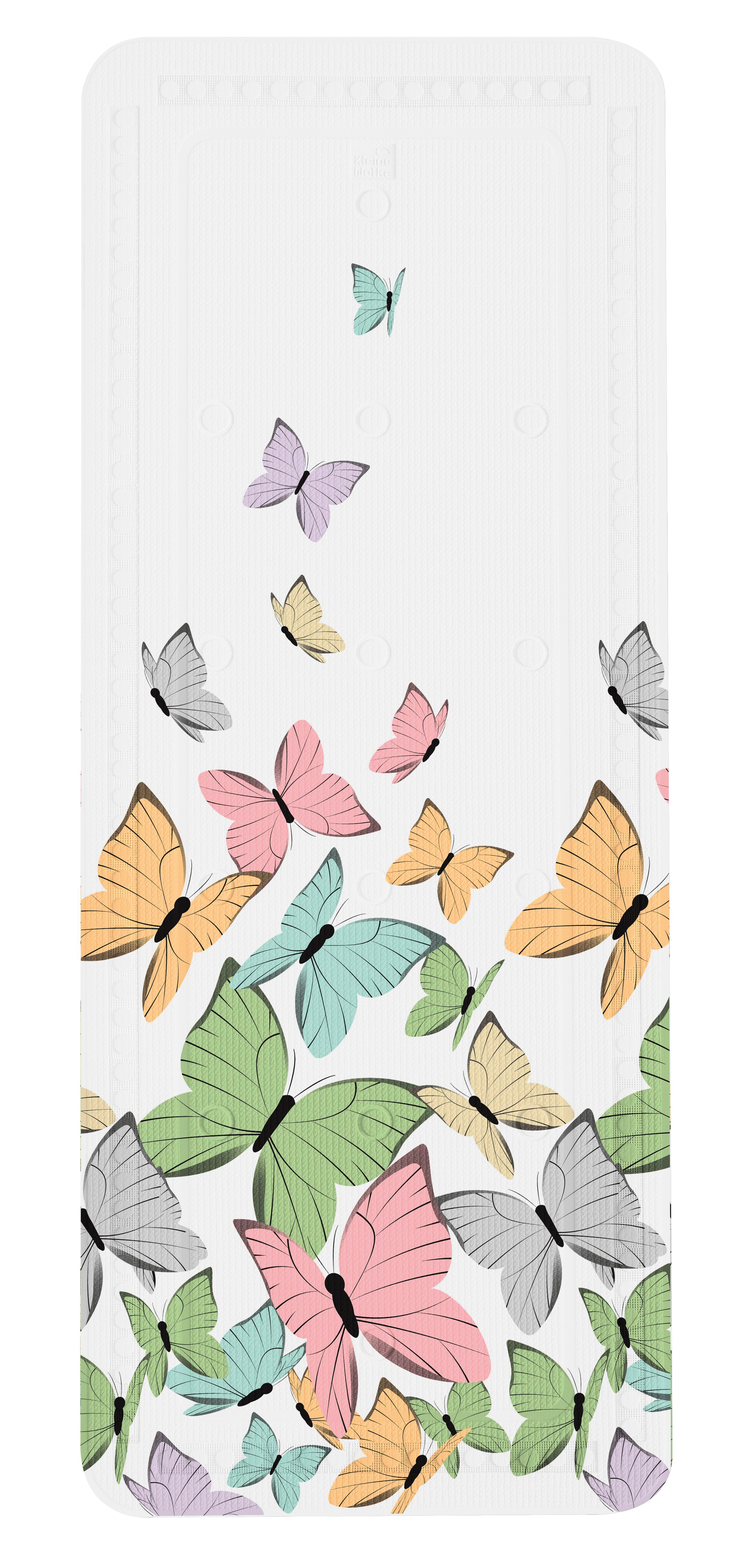 Bunte Schmetterlinge auf weißem Hintergrund, rutschfeste Badematte, fröhliches Design für ein lebendiges Badezimmer.