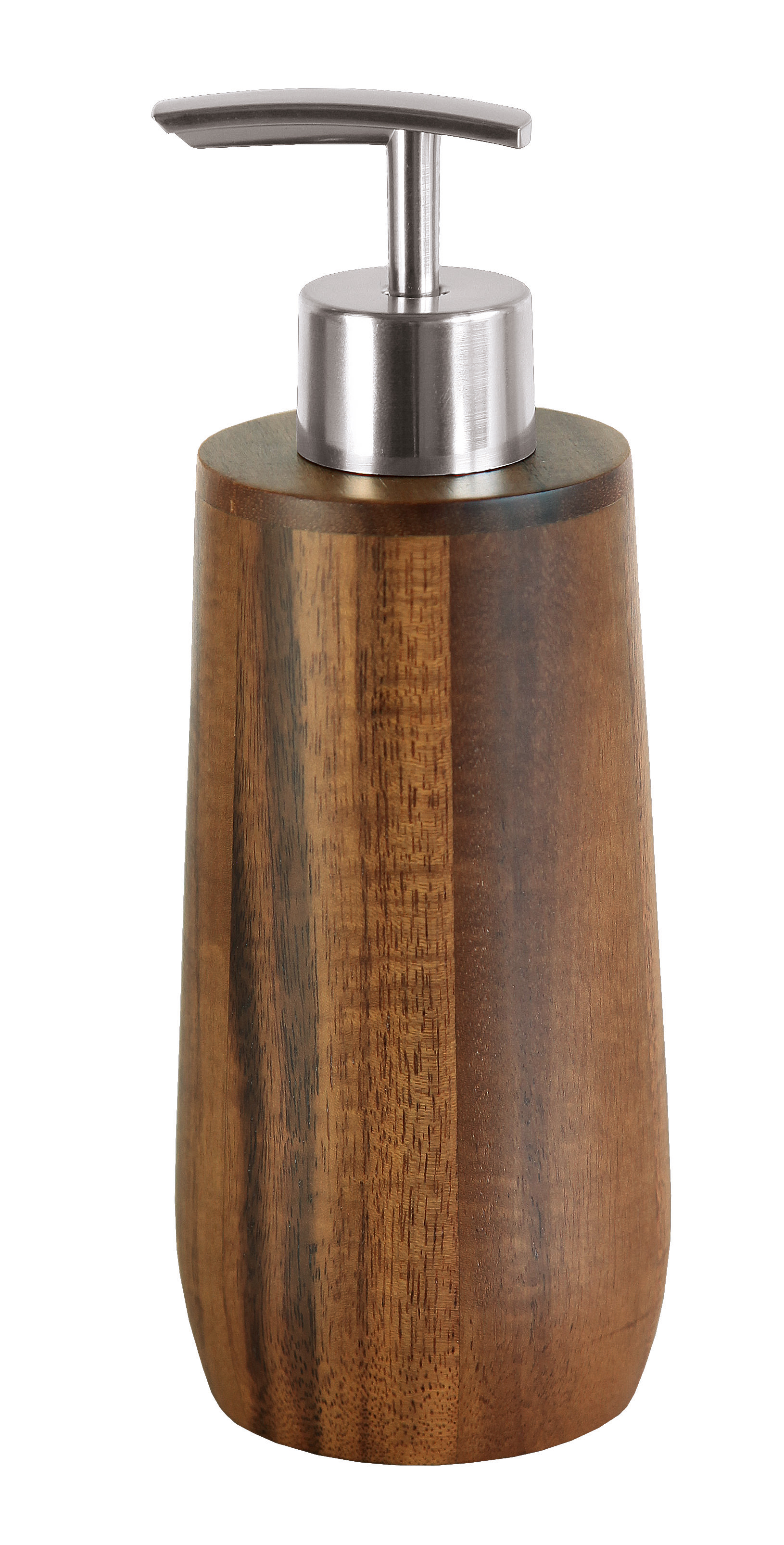 Seifenspender aus Holz mit Edelstahlpumpe, elegantes Design, ideal für Badezimmer und Küche.