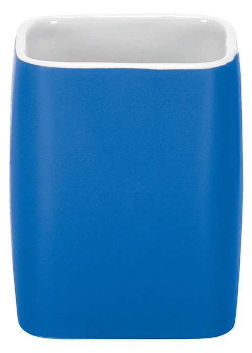 4004478279933 Blauer, rechteckiger Zahnputzbecher mit abgerundeten Ecken und weißem Innenraum. Modernes, schlichtes Design.