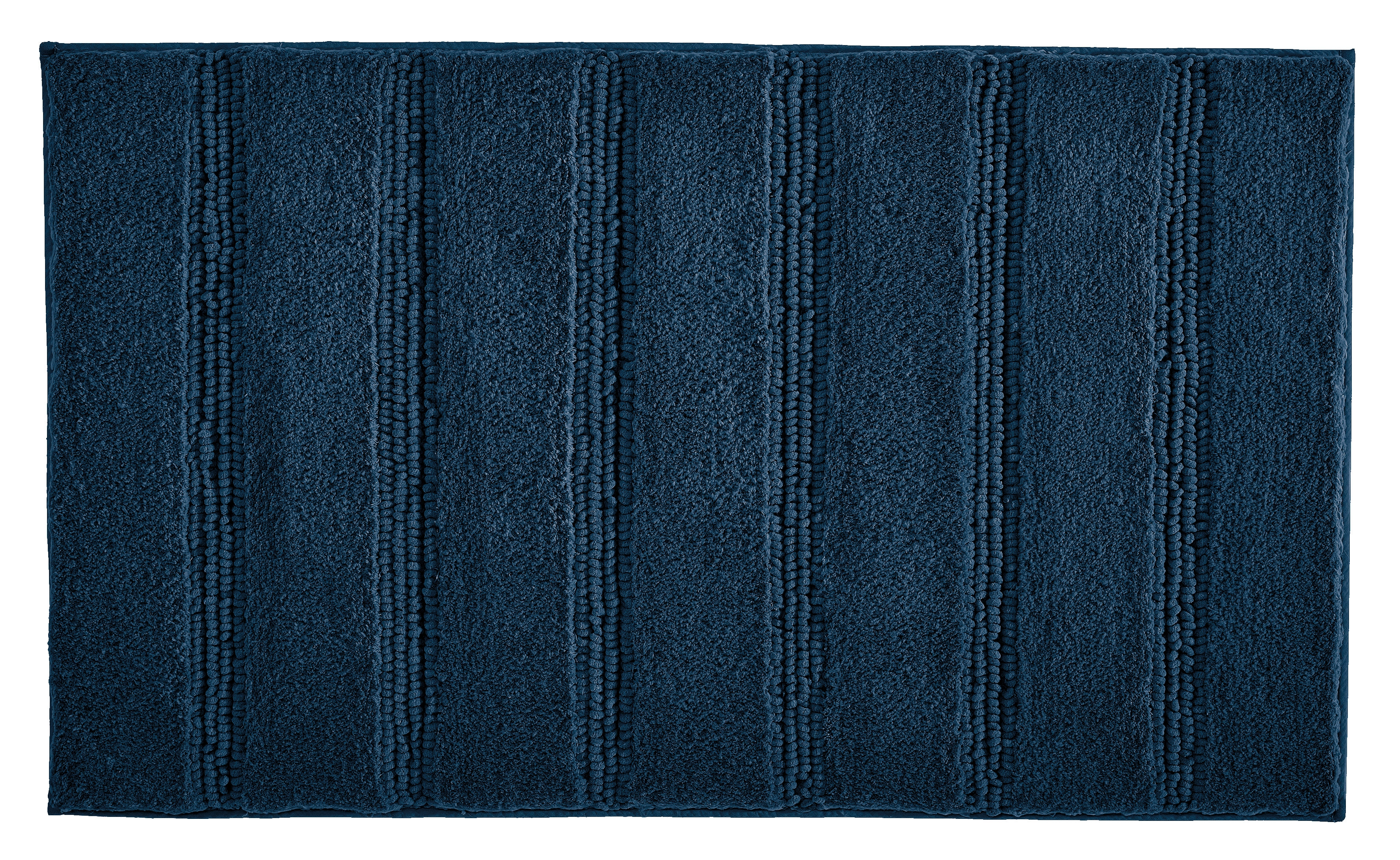 Dunkelblauer, rechteckiger Badteppich mit Streifenmuster, weiche Textur, ideal für Badezimmer.