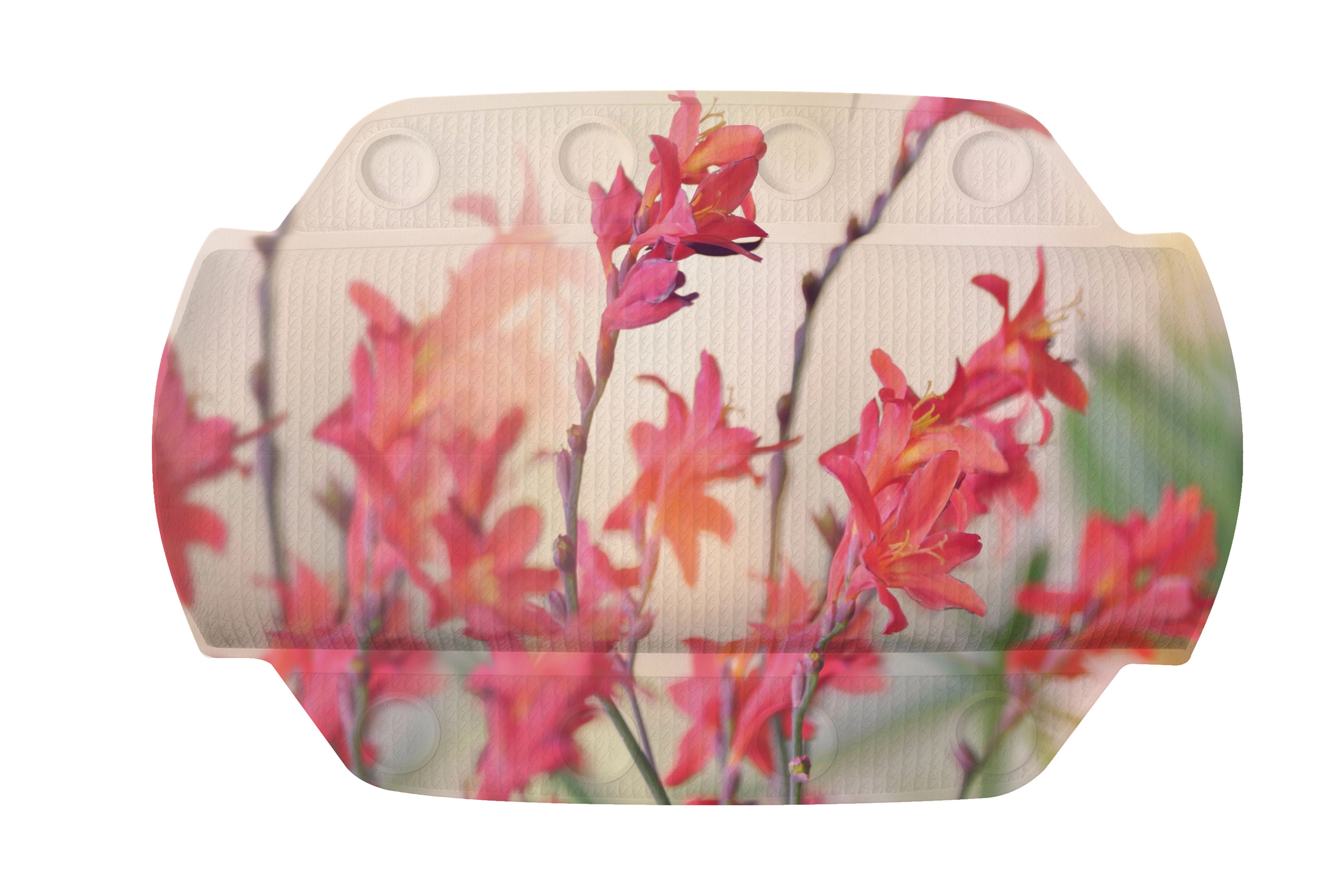 Nackenpolster KOLIBRI Multicolor 32 x 22 cm Badematte mit zartem Kolibri- und Blumenmuster in warmen Rottönen, ideal für ein stilvolles Badezimmer.