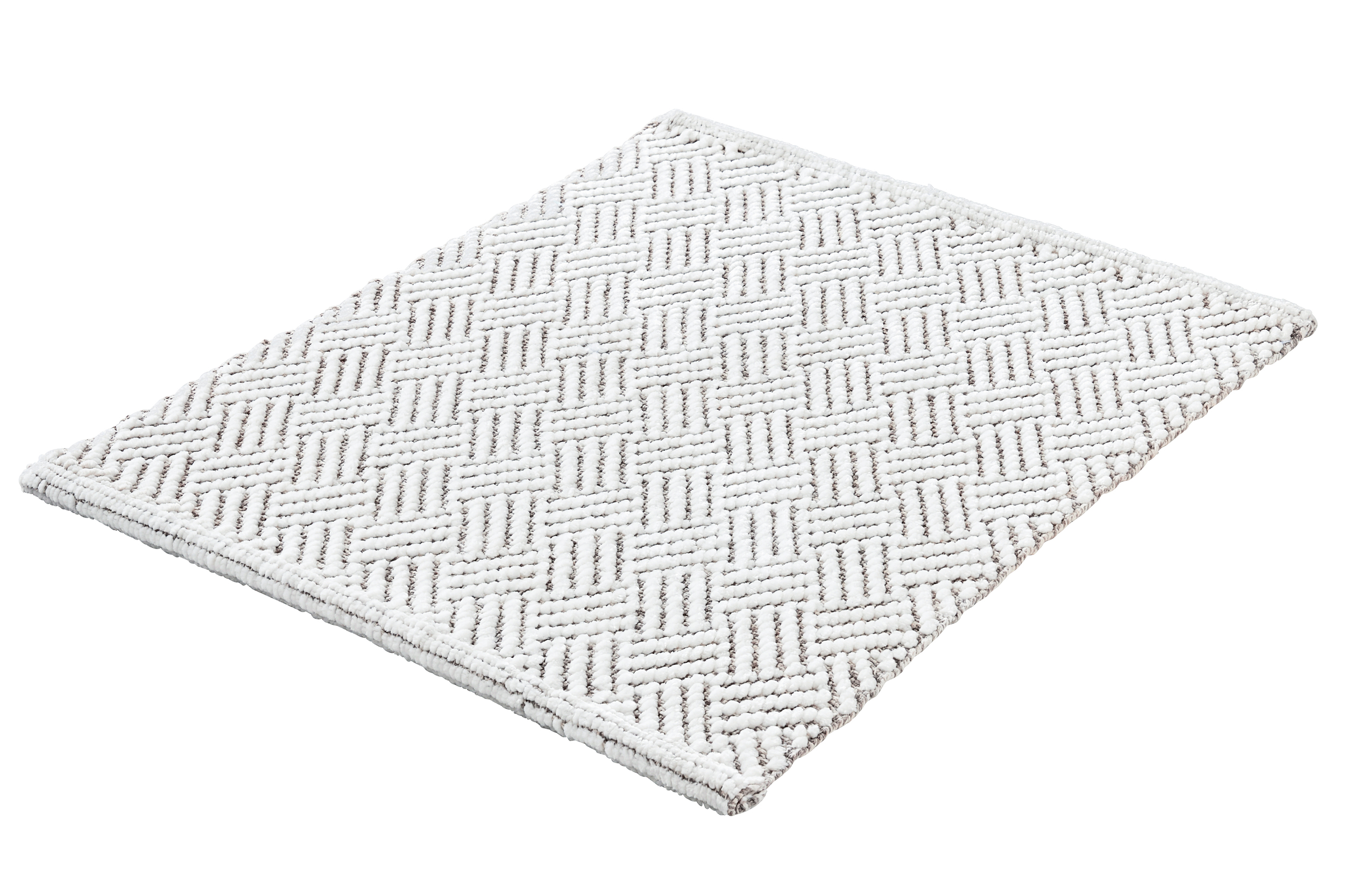 Weißer Badteppich mit geometrischem Muster, weiche Textur, rutschfeste Unterseite, ideal für Badezimmer und Wellnessbereiche.