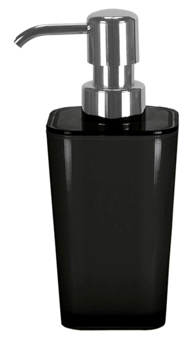 Schwarzer Seifenspender mit glänzendem Chrom-Pumpkopf, modernes Design, ideal für Badezimmer und Küchen.