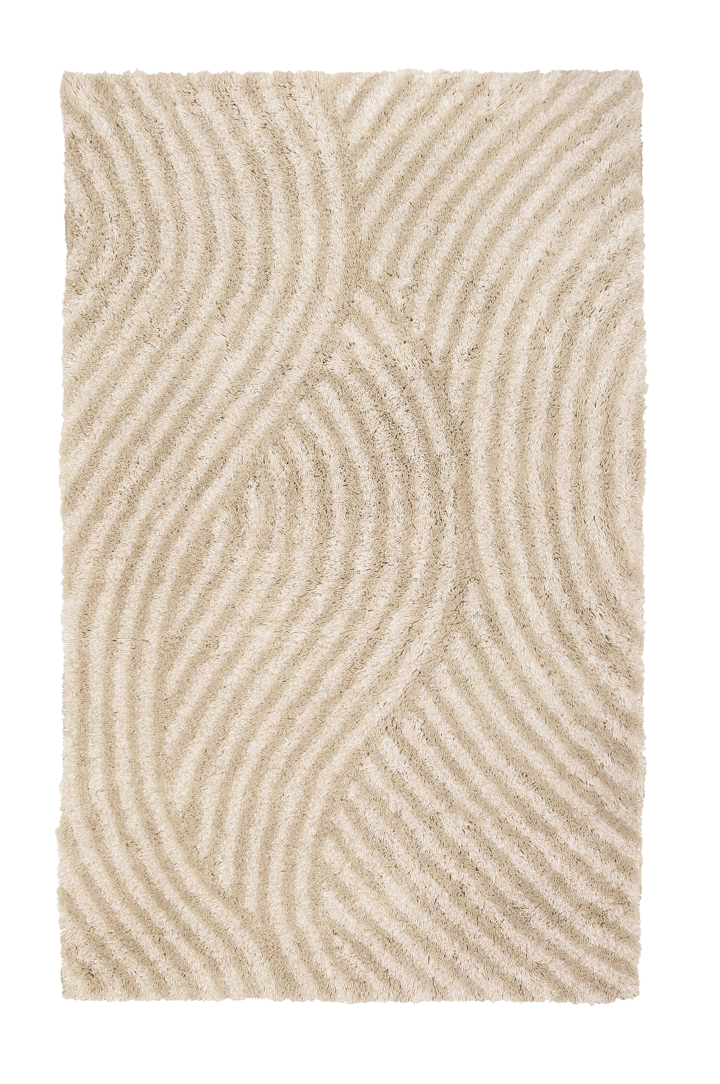 Beiger Hochflor-Teppich mit wellenförmigem Muster, weich und gemütlich, ideal für Wohn- und Schlafzimmer.