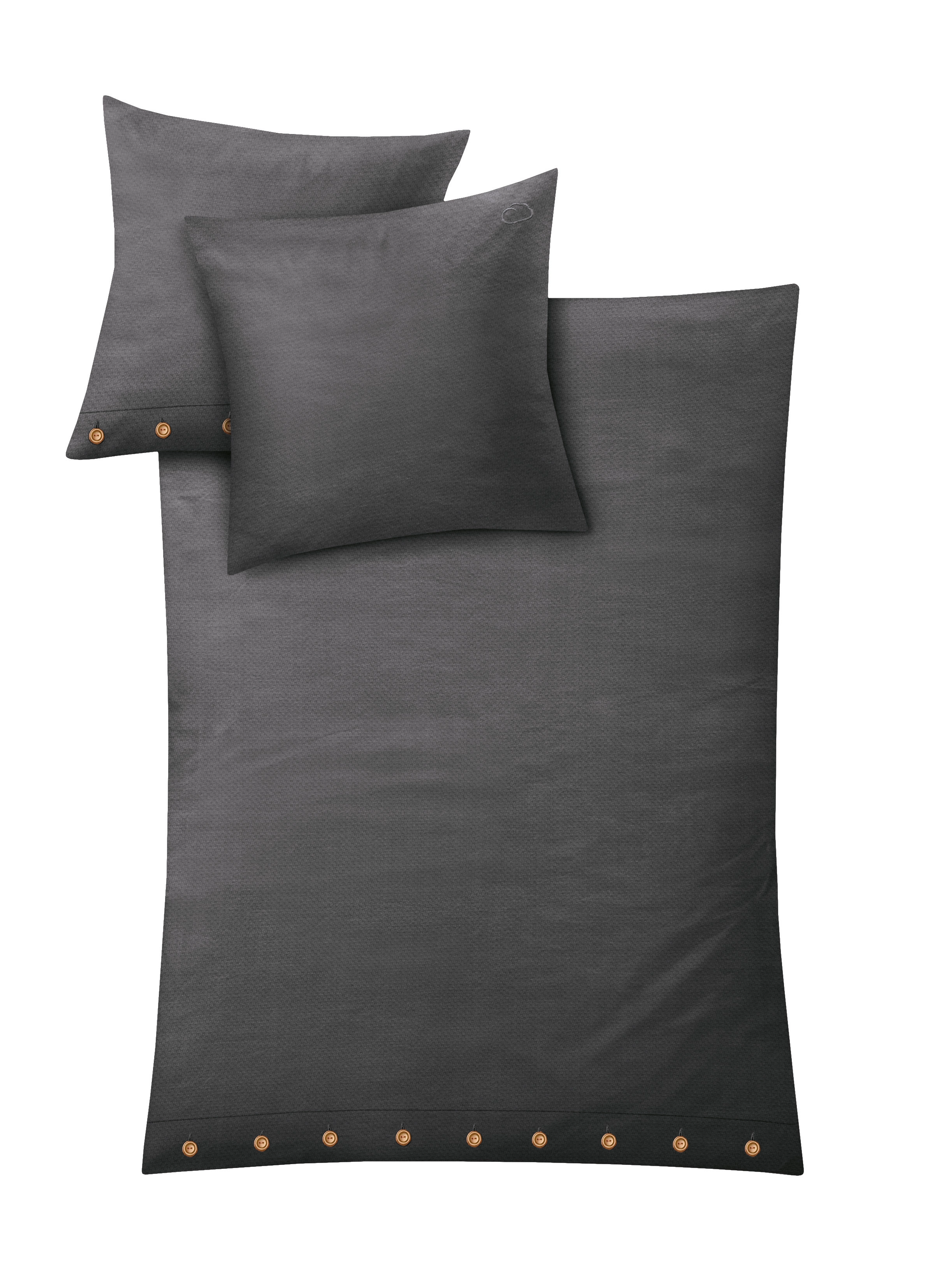 Bettwäsche Halbleinen LEINNA Anthrazit 135 x 200 cm und 80 x 80 cm Elegante, dunkelgraue Bettwäsche mit dekorativen Knöpfen am unteren Rand, bestehend aus einem Bettdecken- und zwei Kissenbezügen.