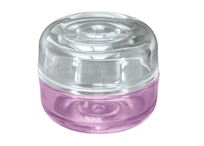 4004478305069 Runder, transparenter Seifenspender mit lila Basis. Modernes Design, ideal für Badezimmer oder Küche.