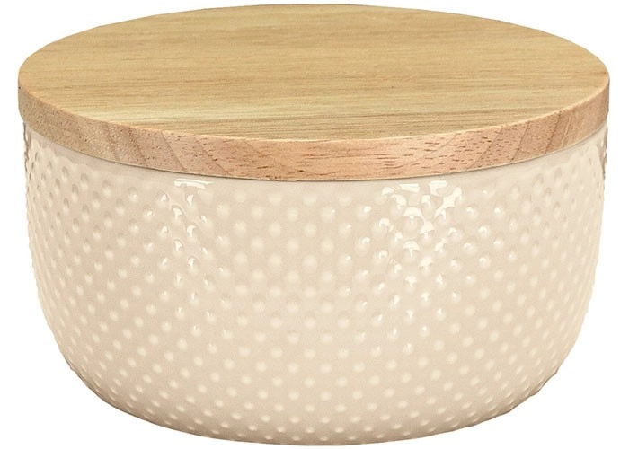 4004478323650 Keramikdose mit Holzdeckel, beige, strukturierte Oberfläche, ideal zur Aufbewahrung von Lebensmitteln oder Kleinigkeiten.