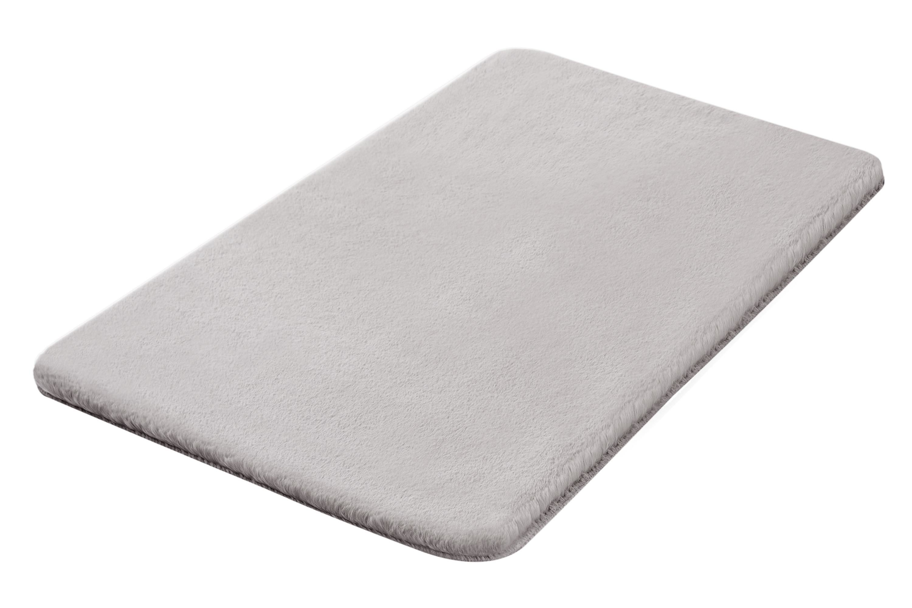 Weiche, rechteckige Badematte in hellem Grau, flauschige Oberfläche, ideal für Badezimmer.