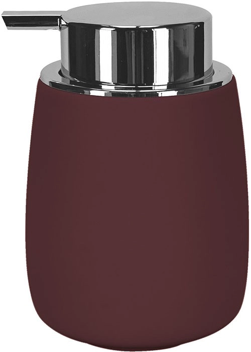 4004478322424 Moderner Seifenspender in elegantem Bordeauxrot mit glänzendem Chrom-Pumpkopf, ideal für stilvolle Badezimmer.